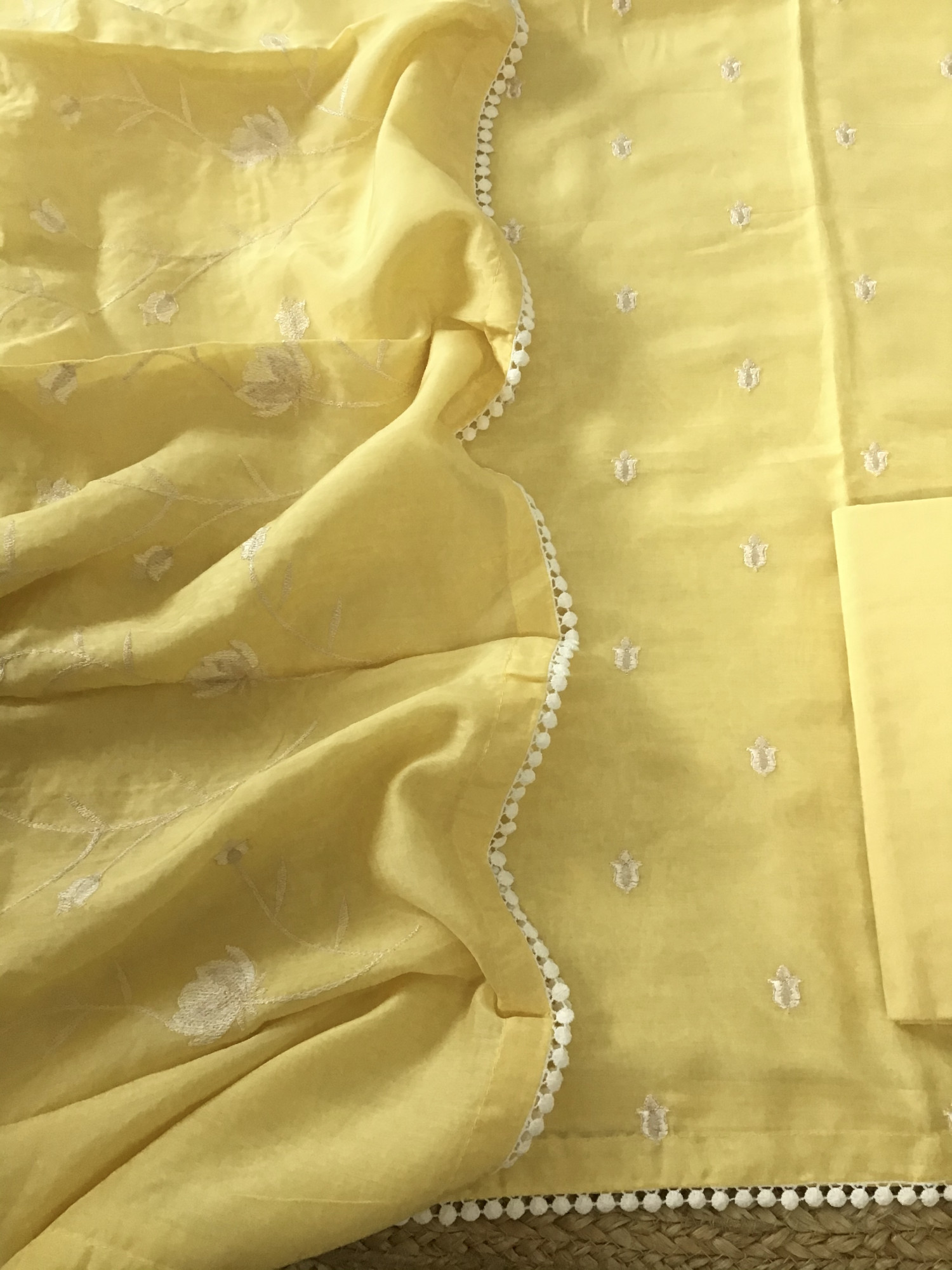 Pure Muslin Embroidered Suit - Yellow