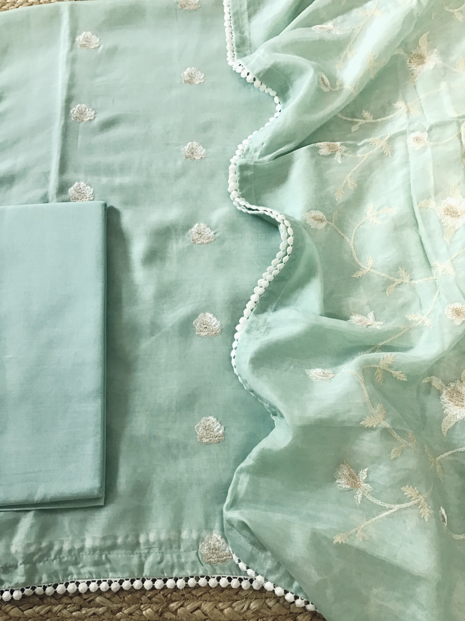 Pure Muslin Embroidered Suit - Green