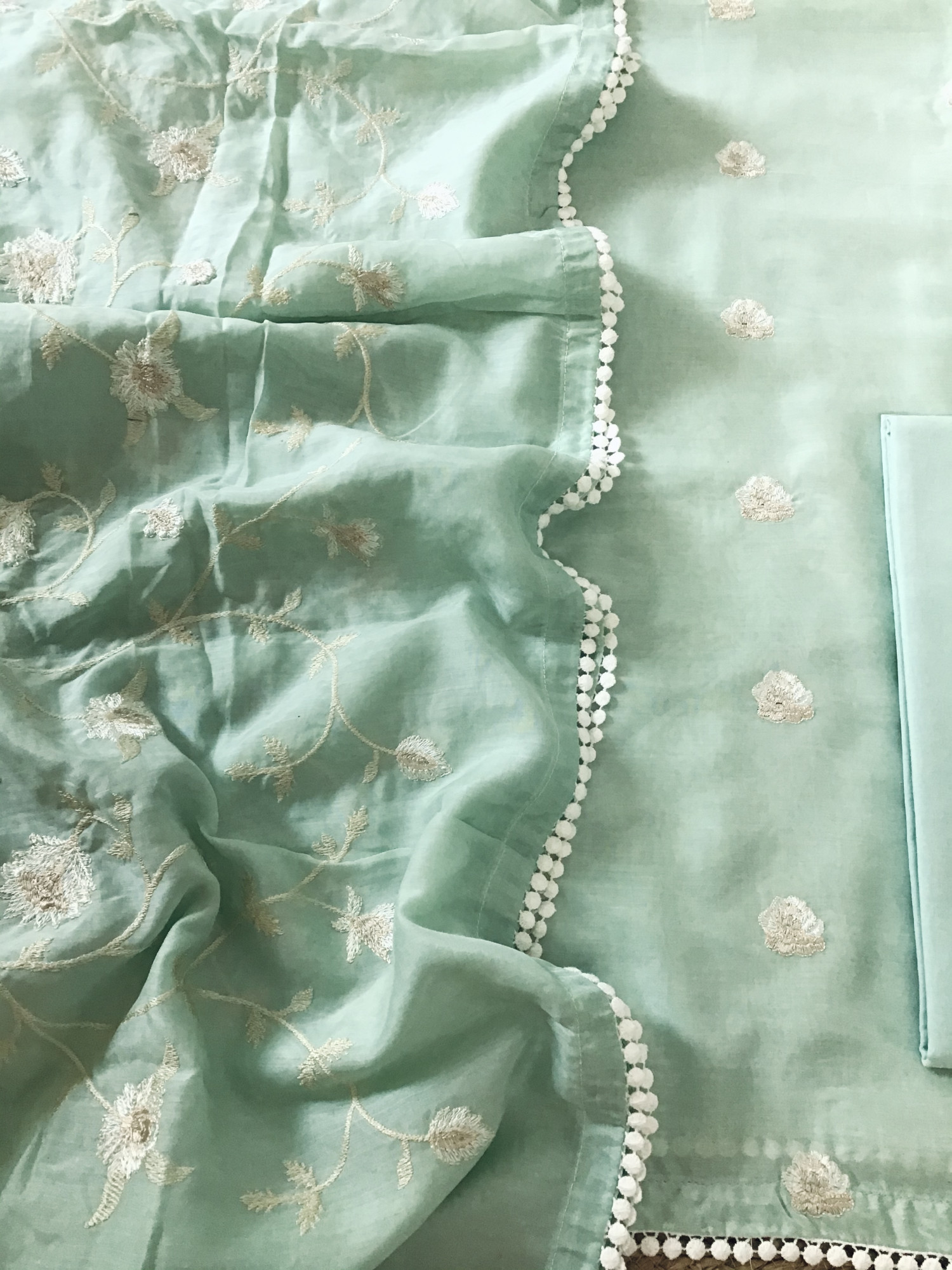 Pure Muslin Embroidered Suit - Green