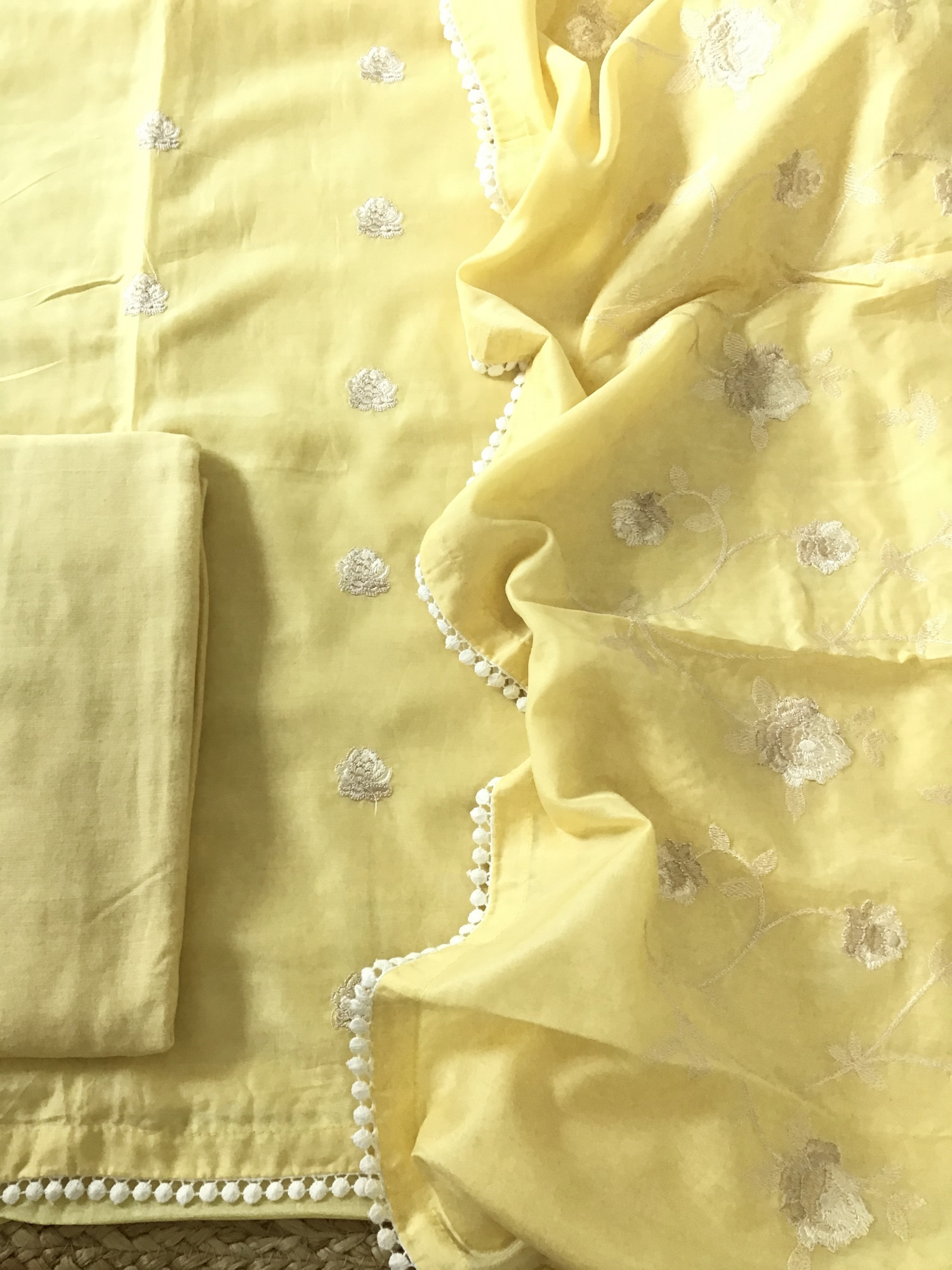 Pure Muslin Embroidered Suit - Yellow