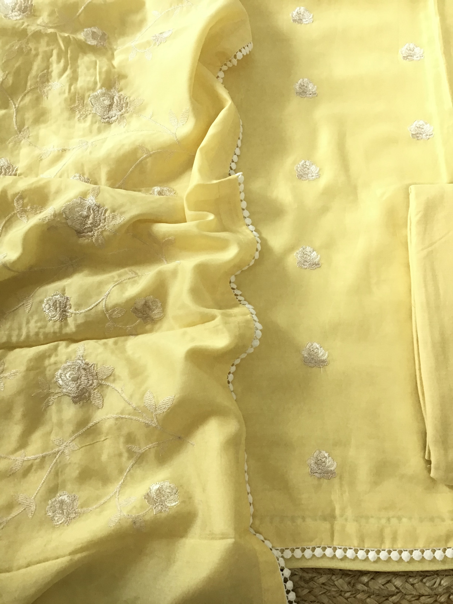 Pure Muslin Embroidered Suit - Yellow