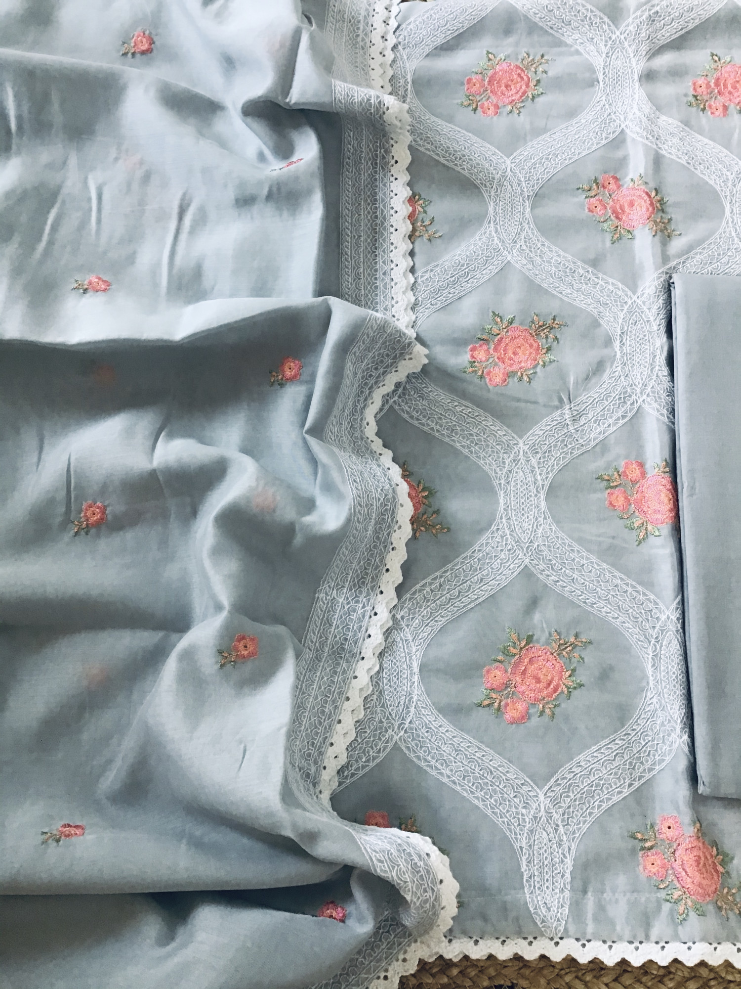 Soft Chanderi Embroidered Suit - Grey