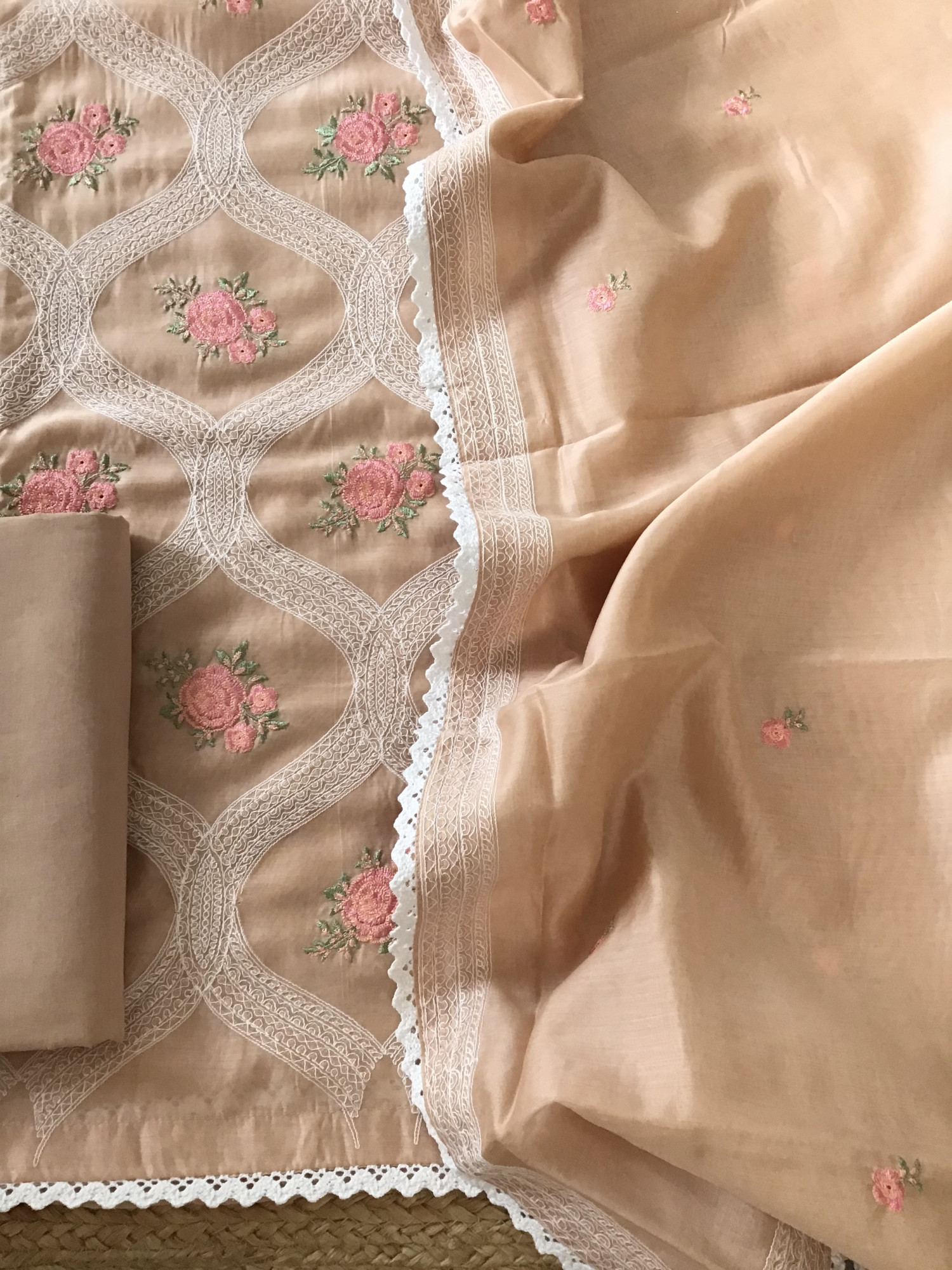 Soft Chanderi Embroidered Suit - Peach