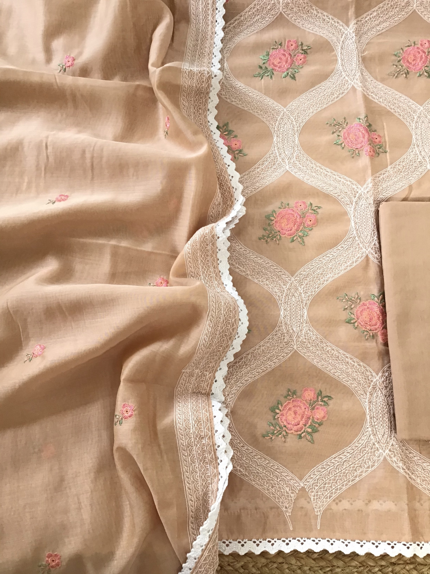 Soft Chanderi Embroidered Suit - Peach