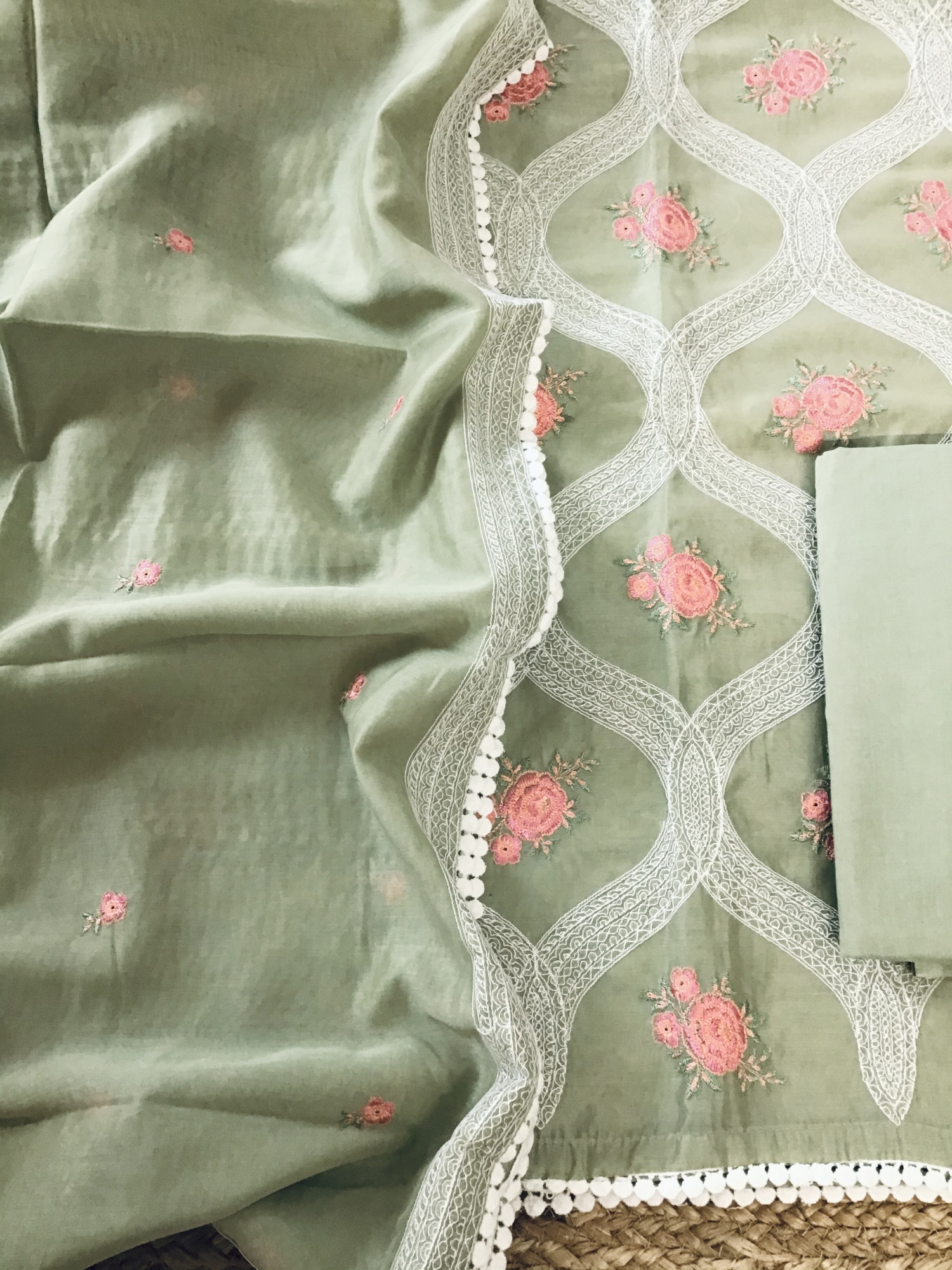 Soft Chanderi Embroidered Suit - Green