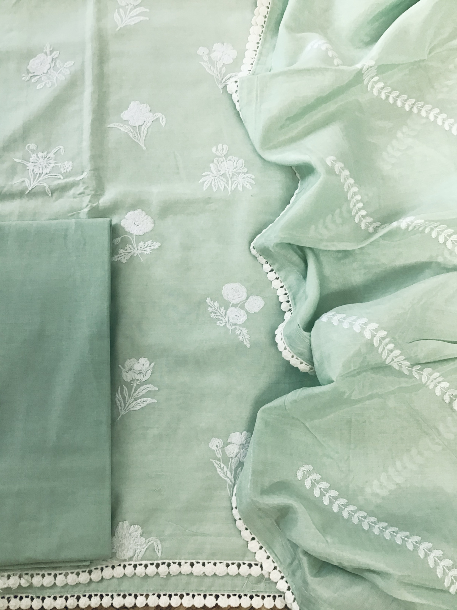 Pure Muslin Embroidered Suit - Green