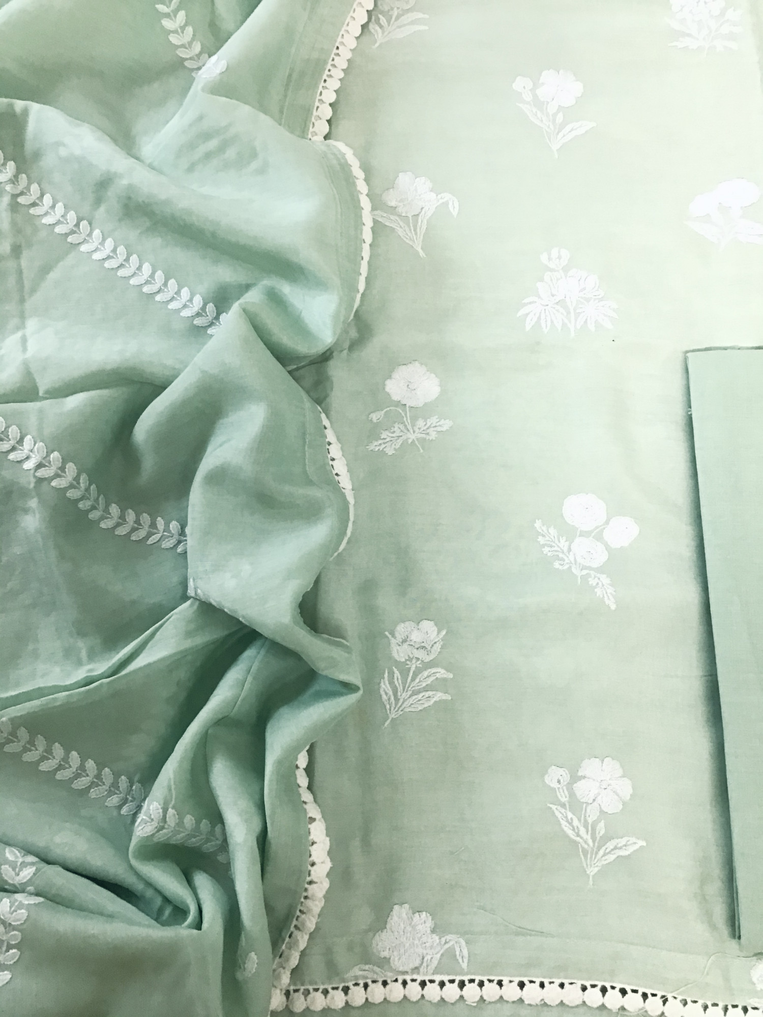 Pure Muslin Embroidered Suit - Green