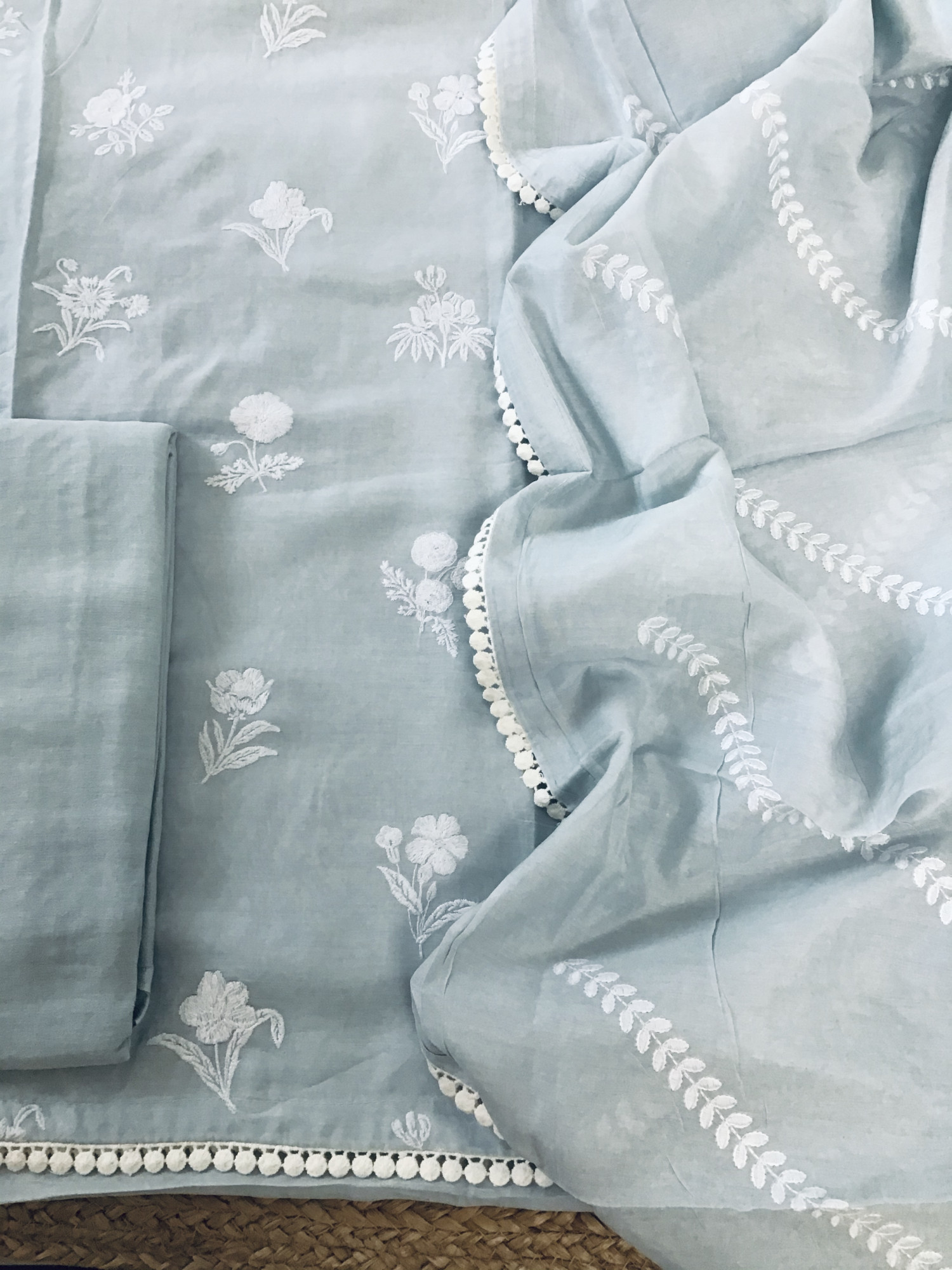 Pure Muslin Embroidered Suit - Grey