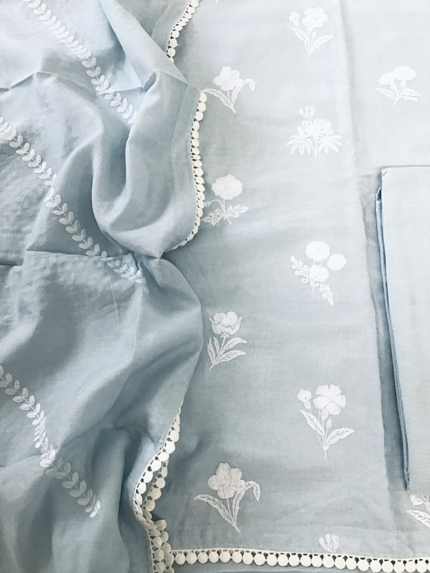 Pure Muslin Embroidered Suit - Grey