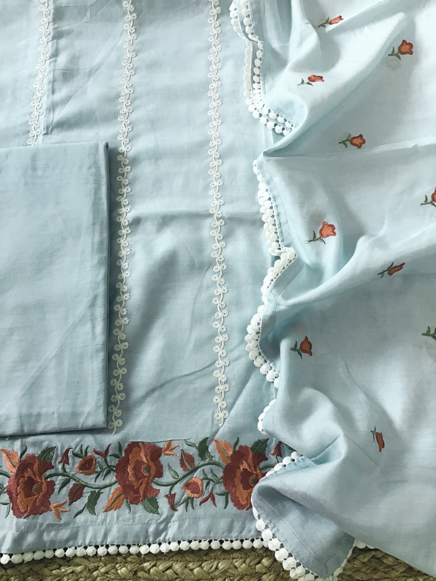 Pure Muslin Embroidered Suit - Blue