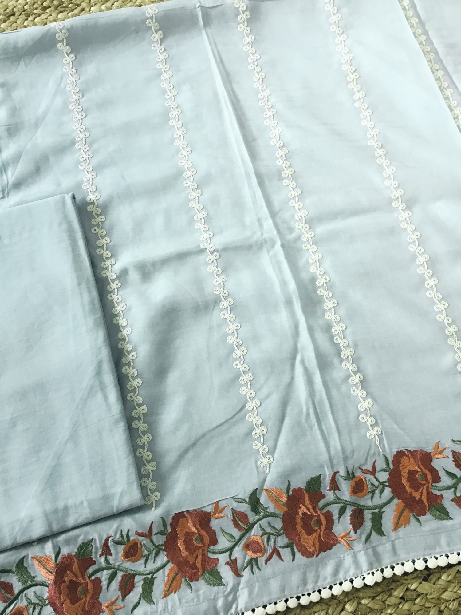 Pure Muslin Embroidered Suit - Blue