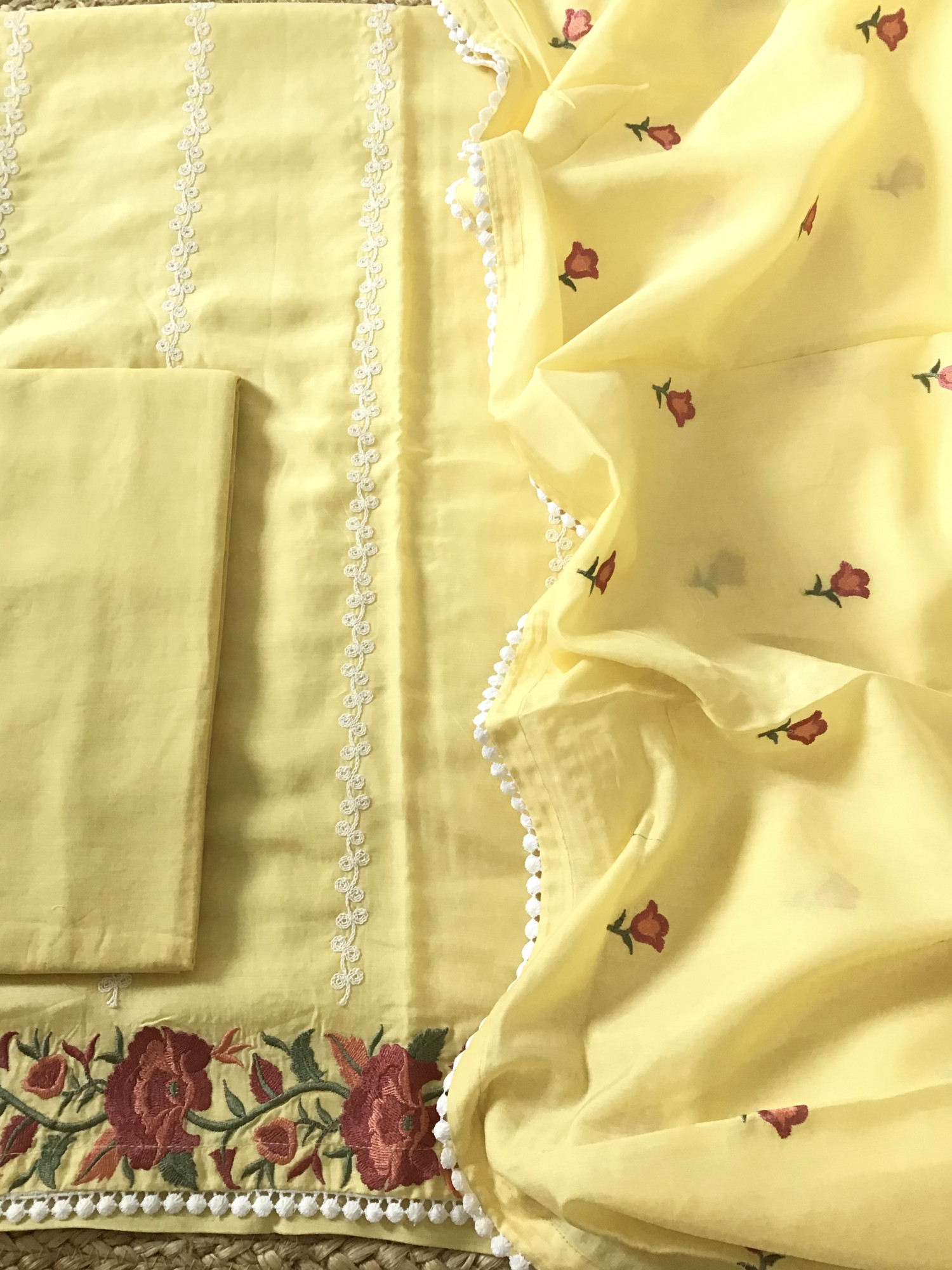 Pure Muslin Embroidered Suit - Yellow