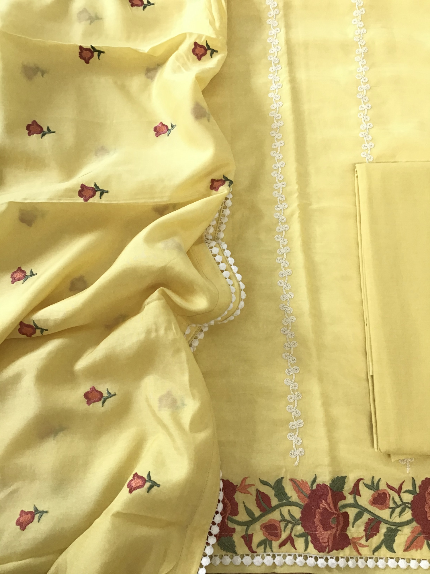 Pure Muslin Embroidered Suit - Yellow