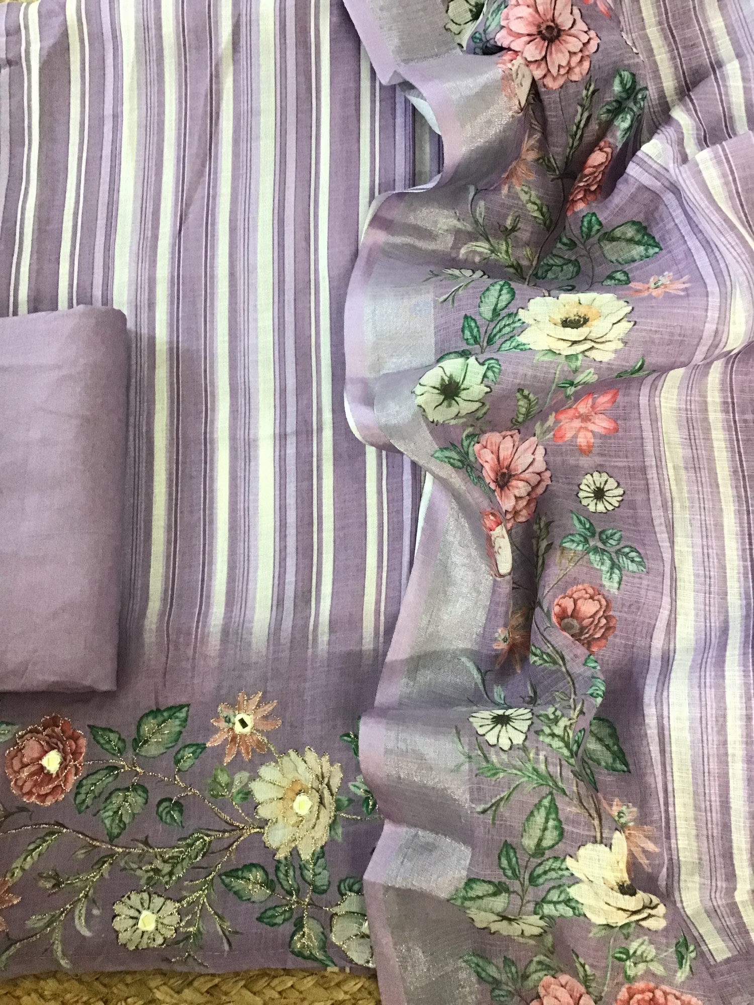 Soft Semi Linen Jute Cotton Printed Embroidered Suit - Purple