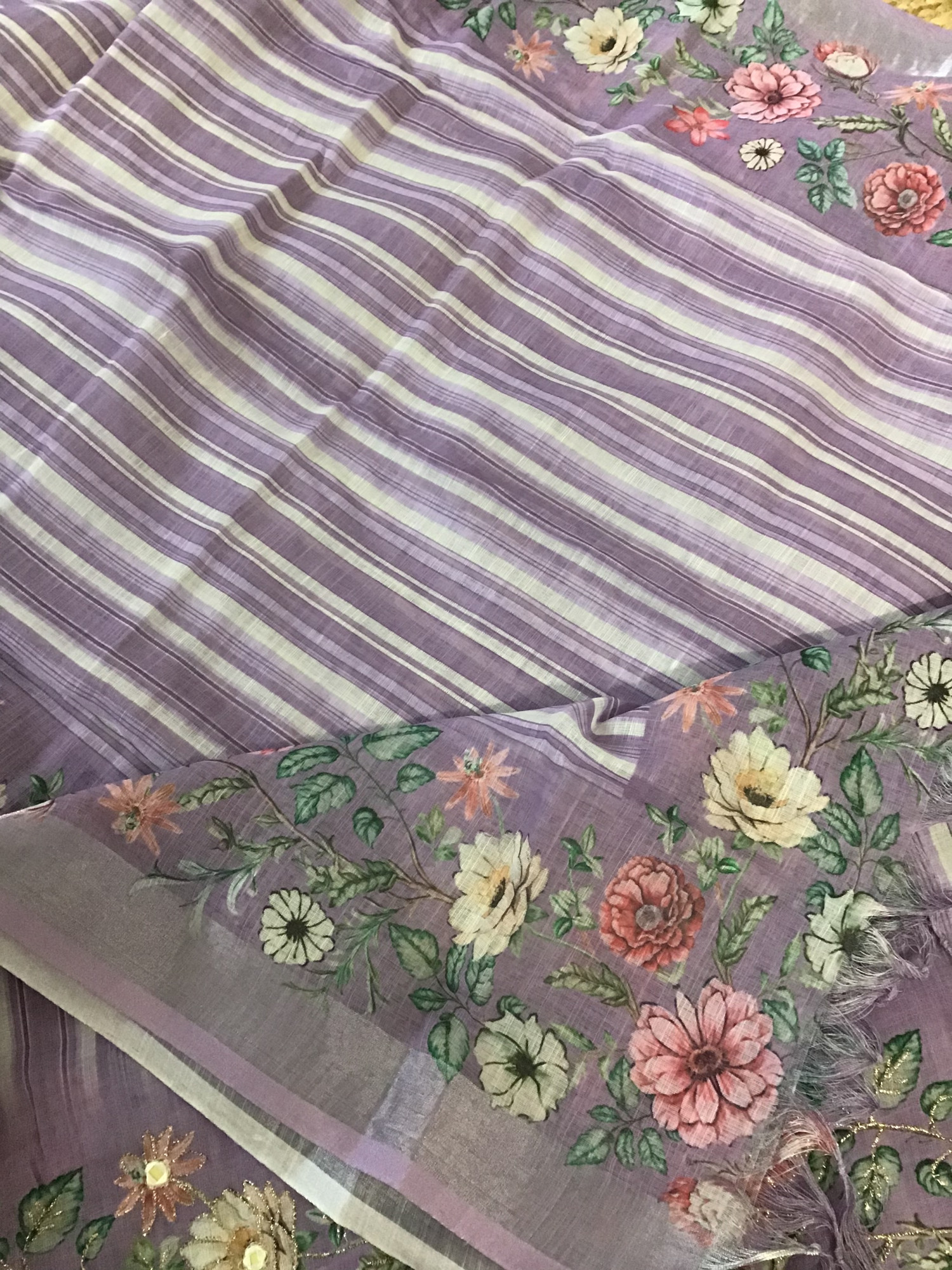 Soft Semi Linen Jute Cotton Printed Embroidered Suit - Purple