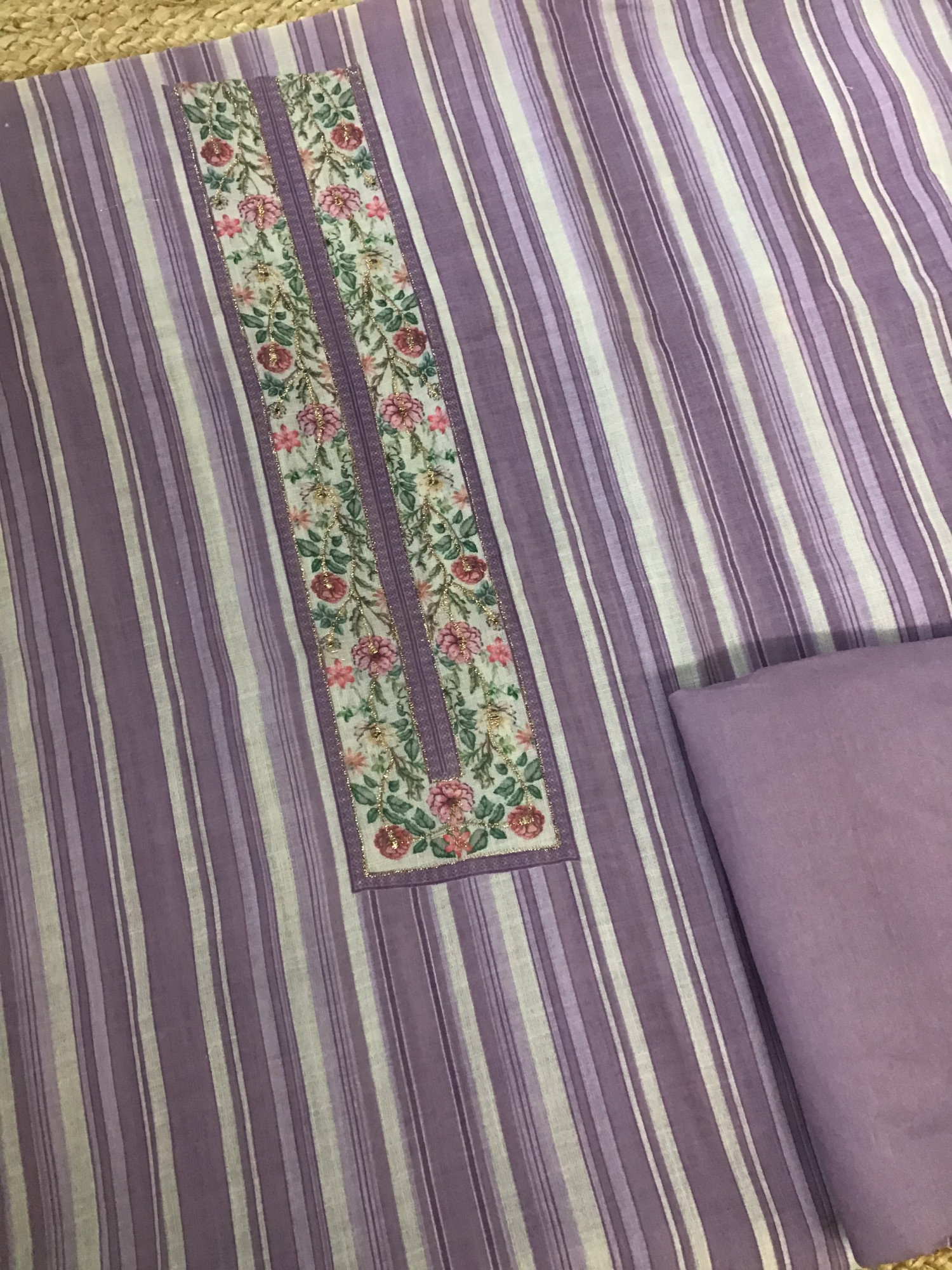 Soft Semi Linen Jute Cotton Printed Embroidered Suit - Purple