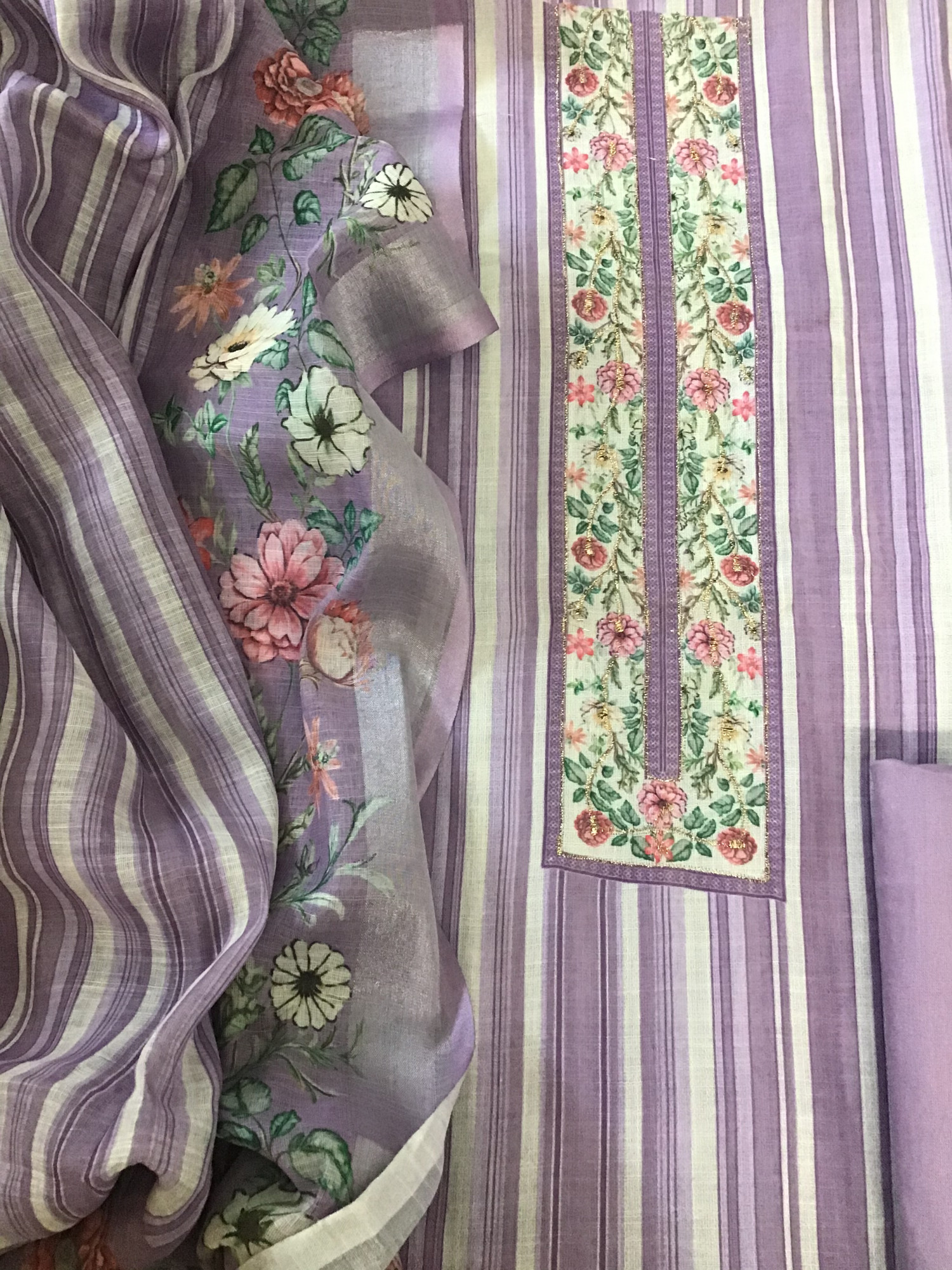 Soft Semi Linen Jute Cotton Printed Embroidered Suit - Purple