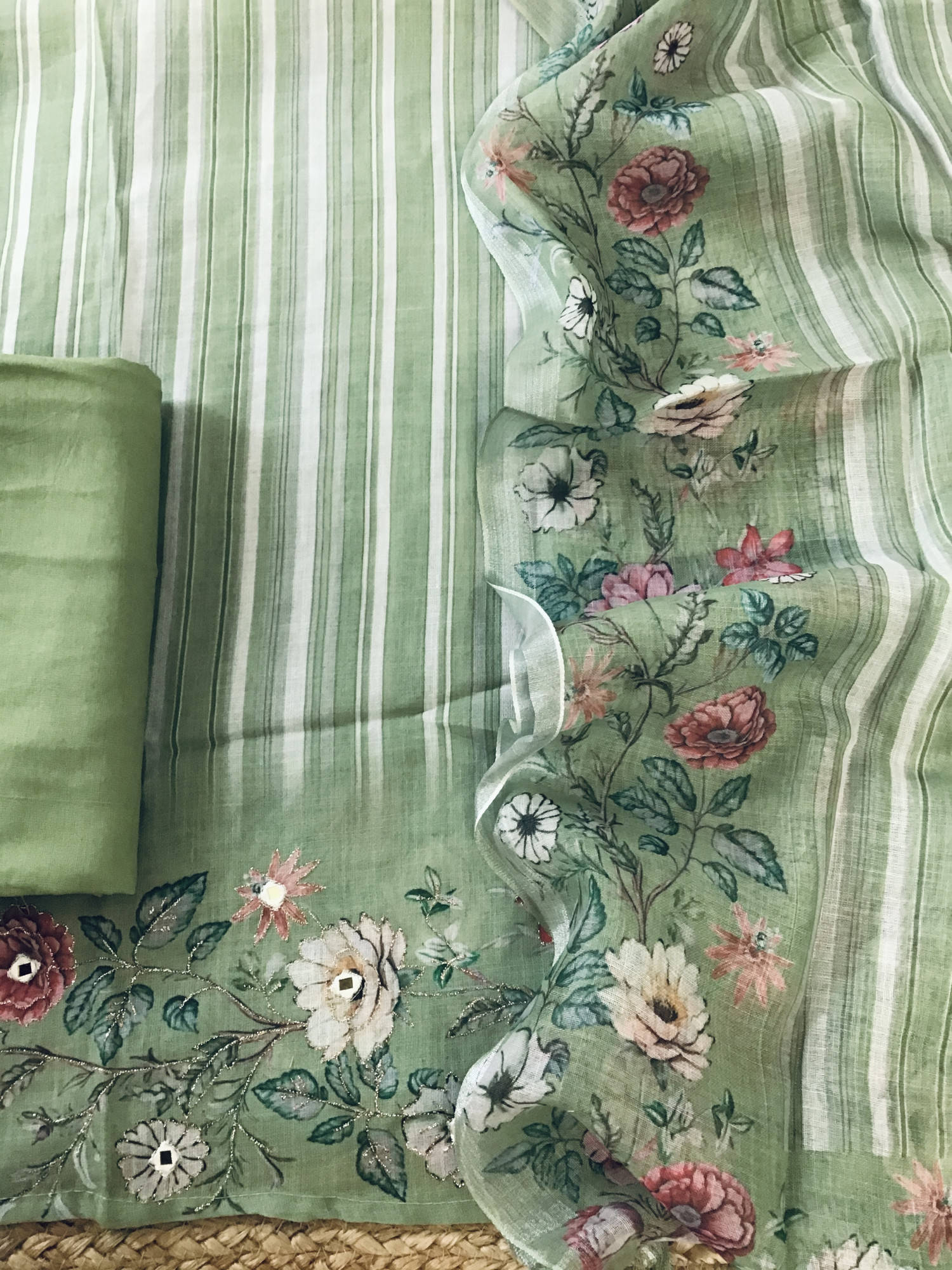 Soft Semi Linen Jute Cotton Printed Embroidered Suit - Green