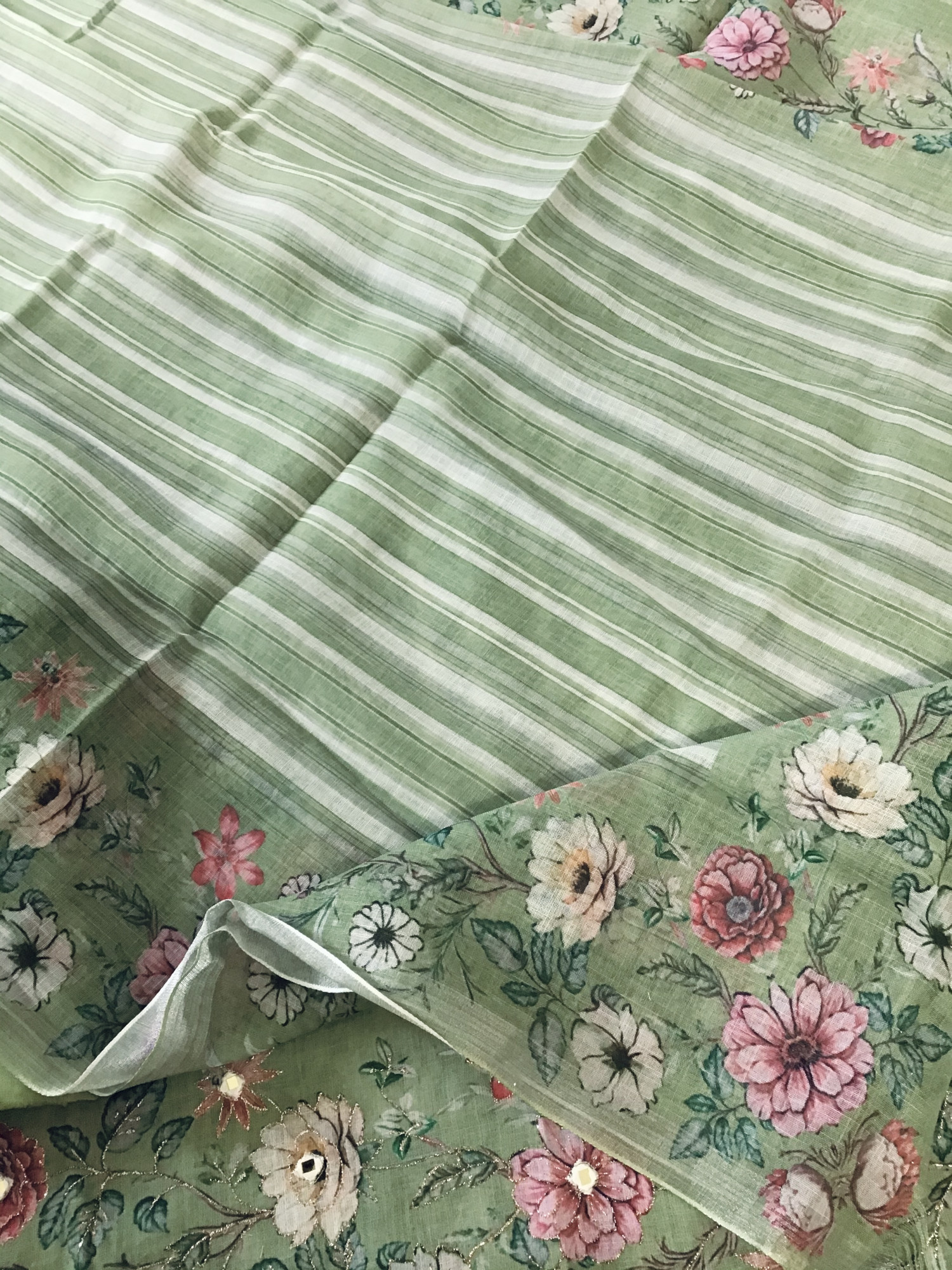 Soft Semi Linen Jute Cotton Printed Embroidered Suit - Green