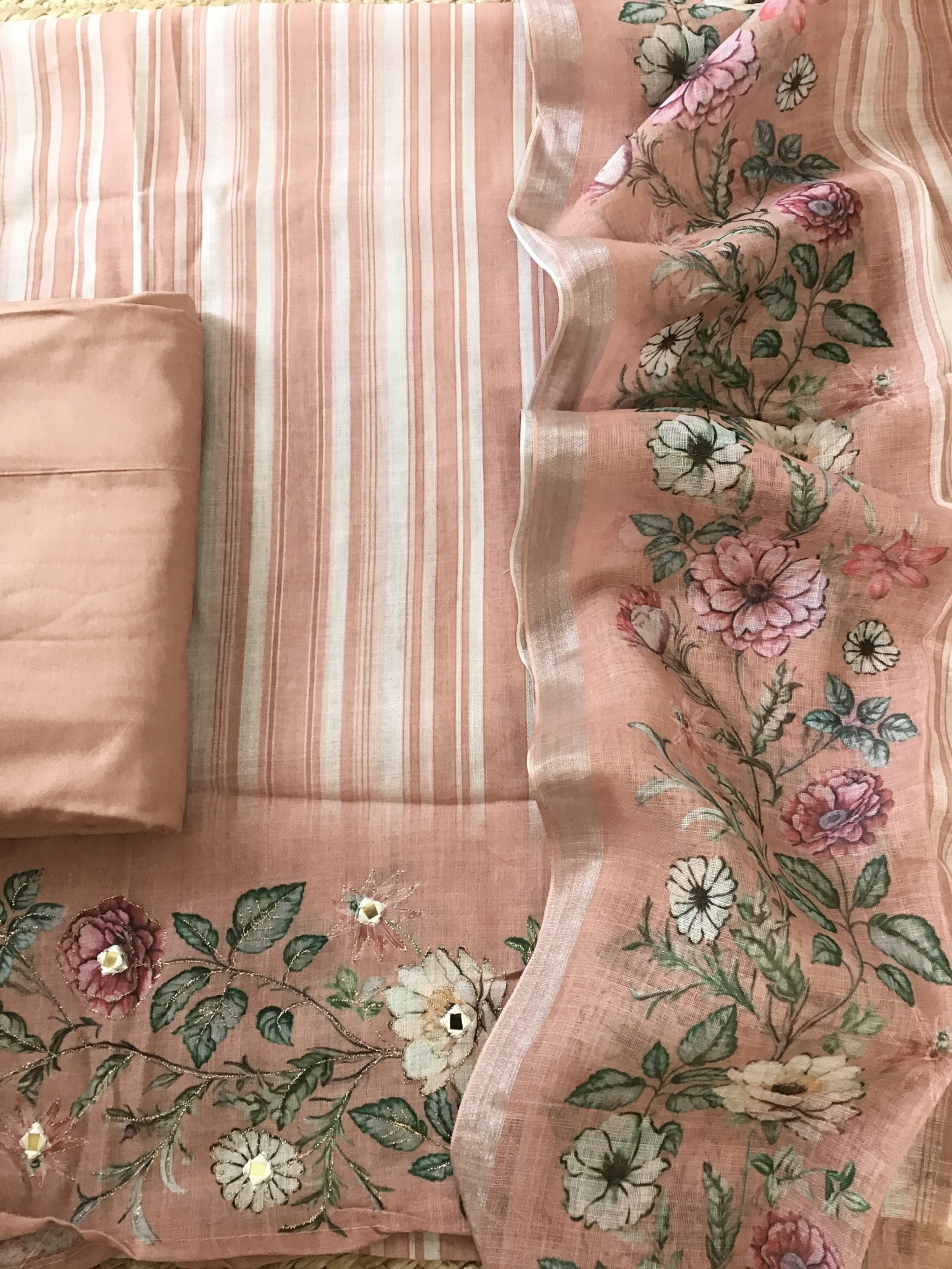 Soft Semi Linen Jute Cotton Printed Embroidered Suit - Peach
