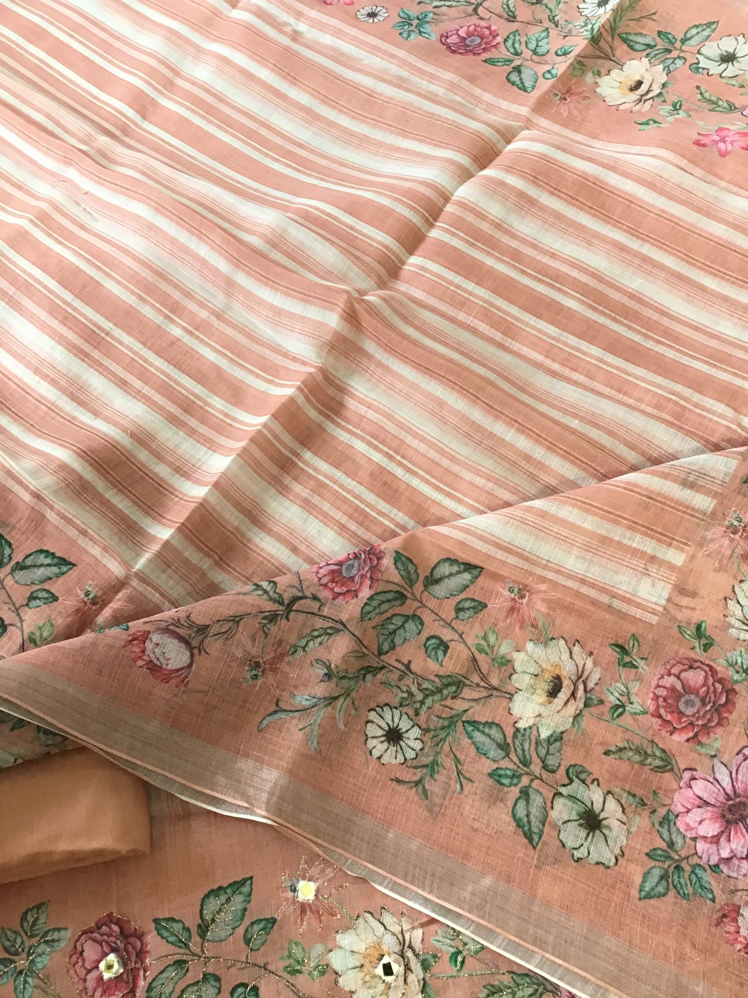 Soft Semi Linen Jute Cotton Printed Embroidered Suit - Peach