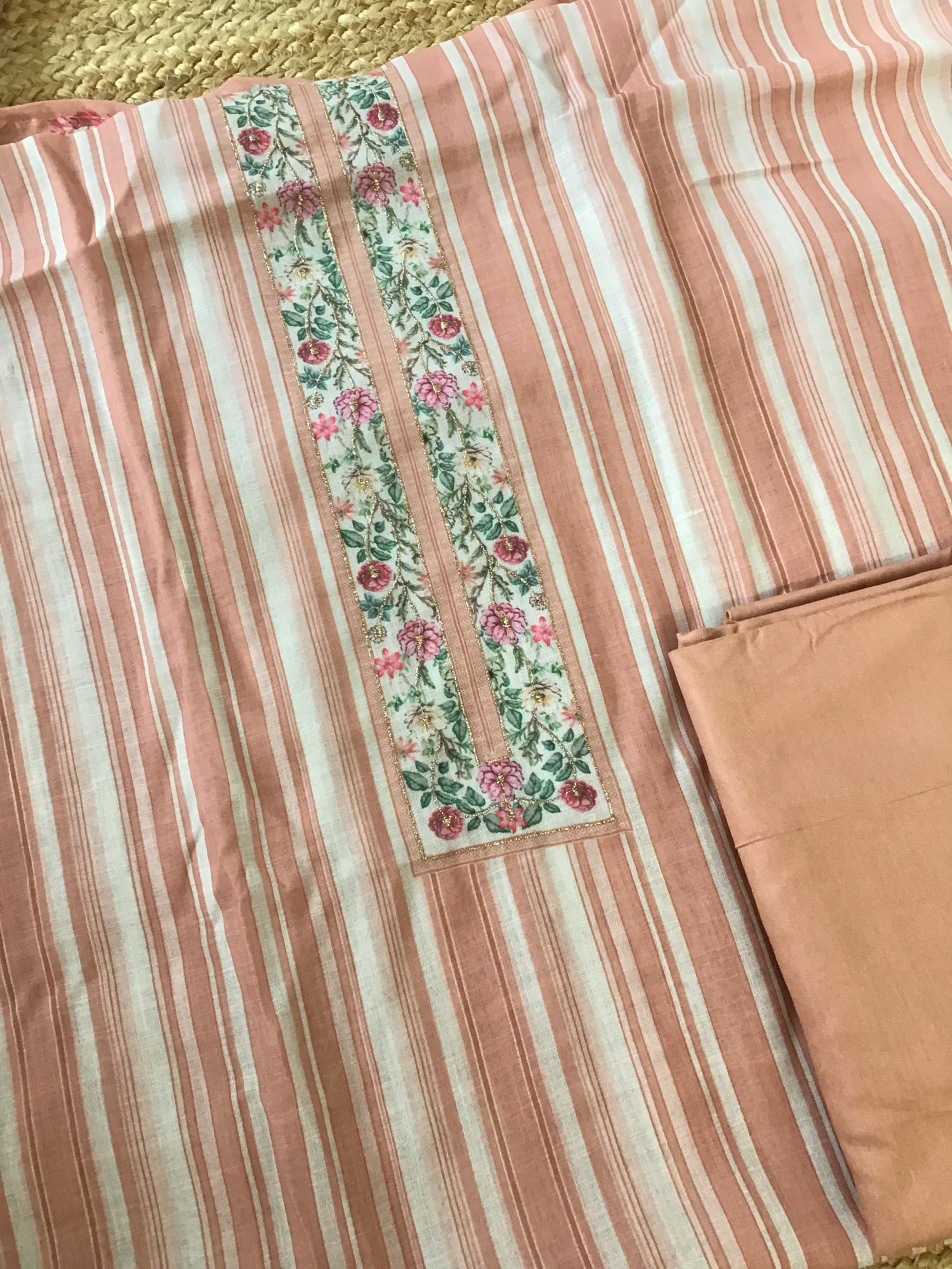 Soft Semi Linen Jute Cotton Printed Embroidered Suit - Peach