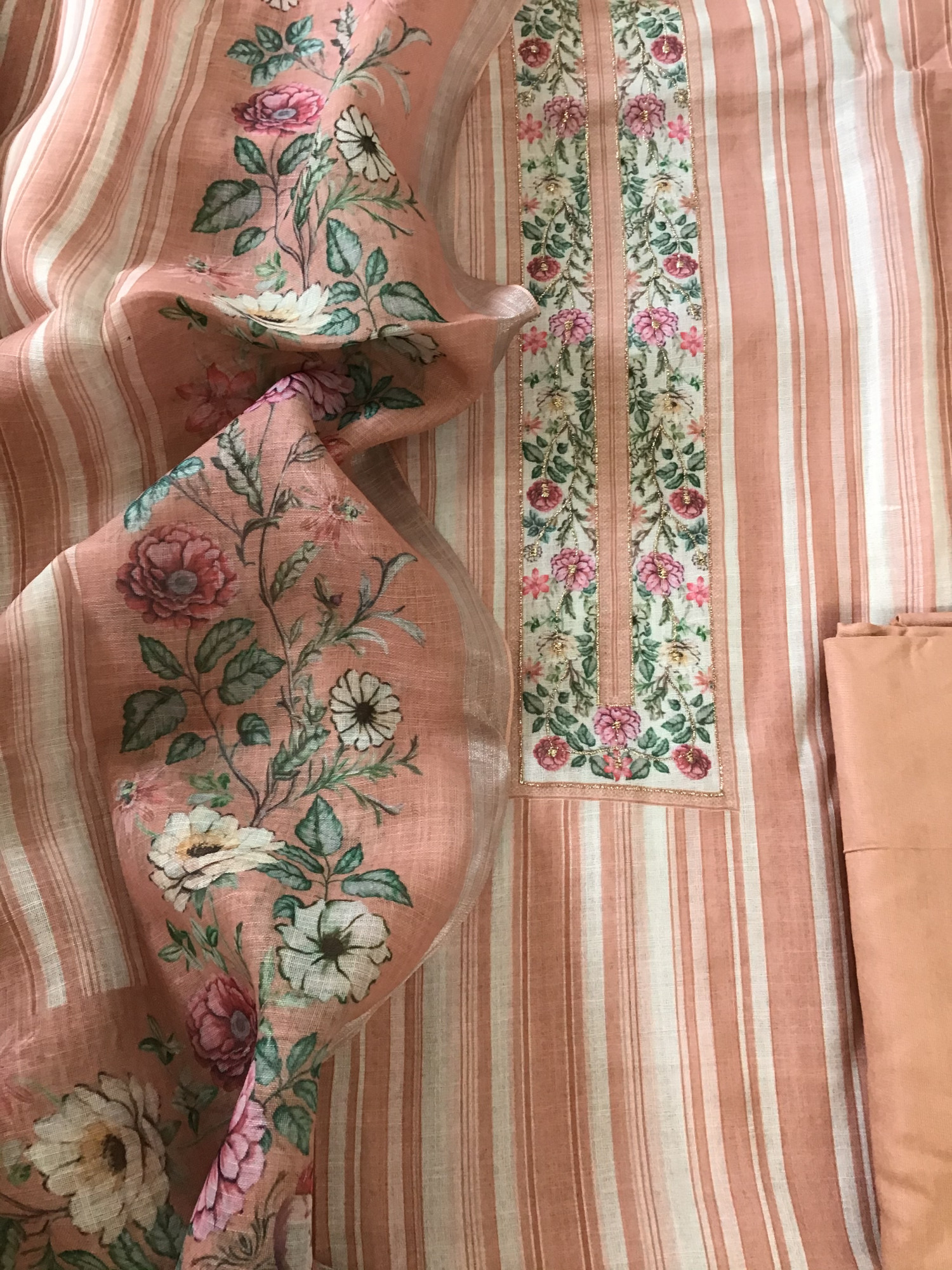 Soft Semi Linen Jute Cotton Printed Embroidered Suit - Peach