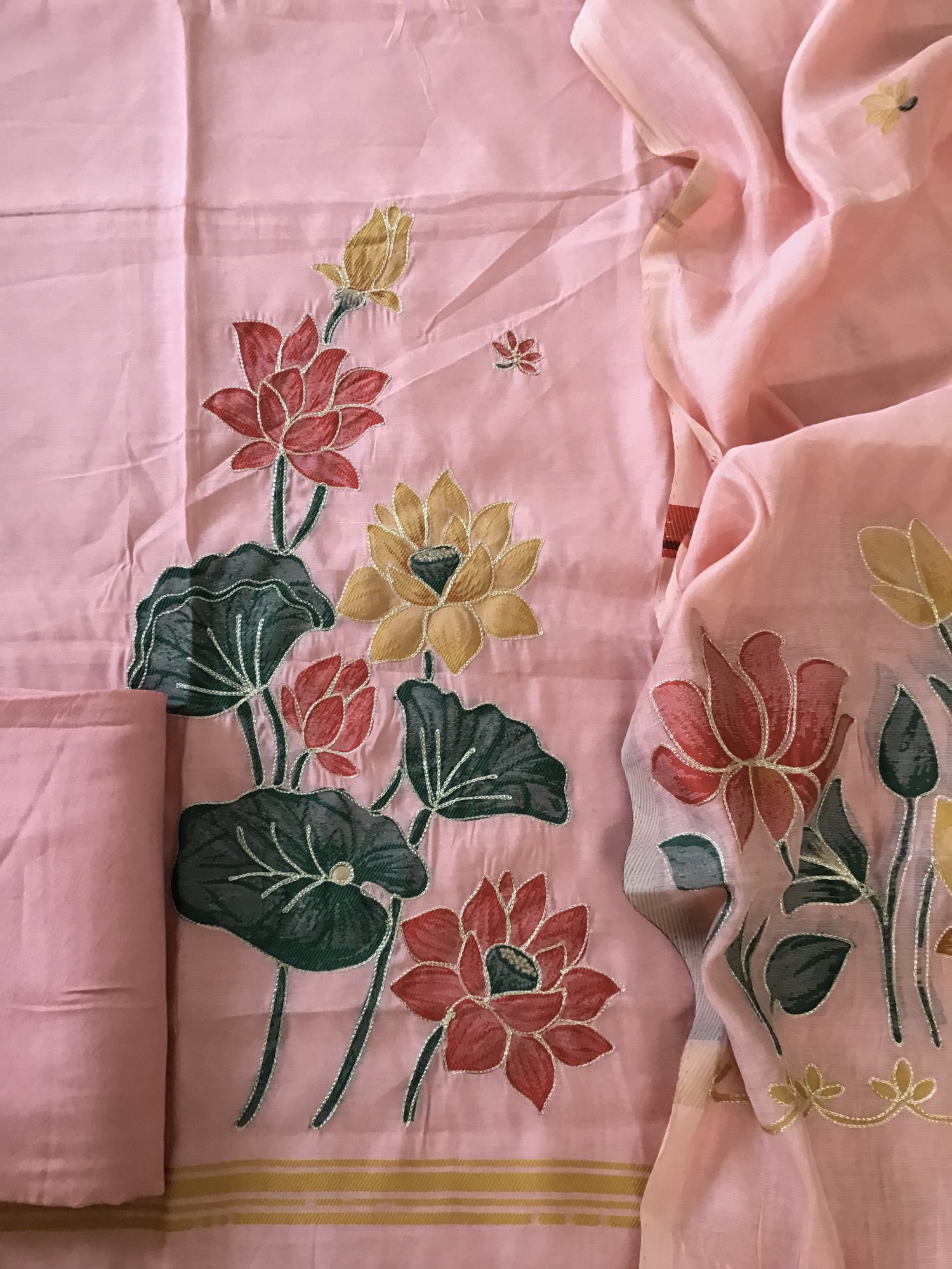 Soft Kora Chanderi Jamdani Weaved Embroidered Suit - Peach