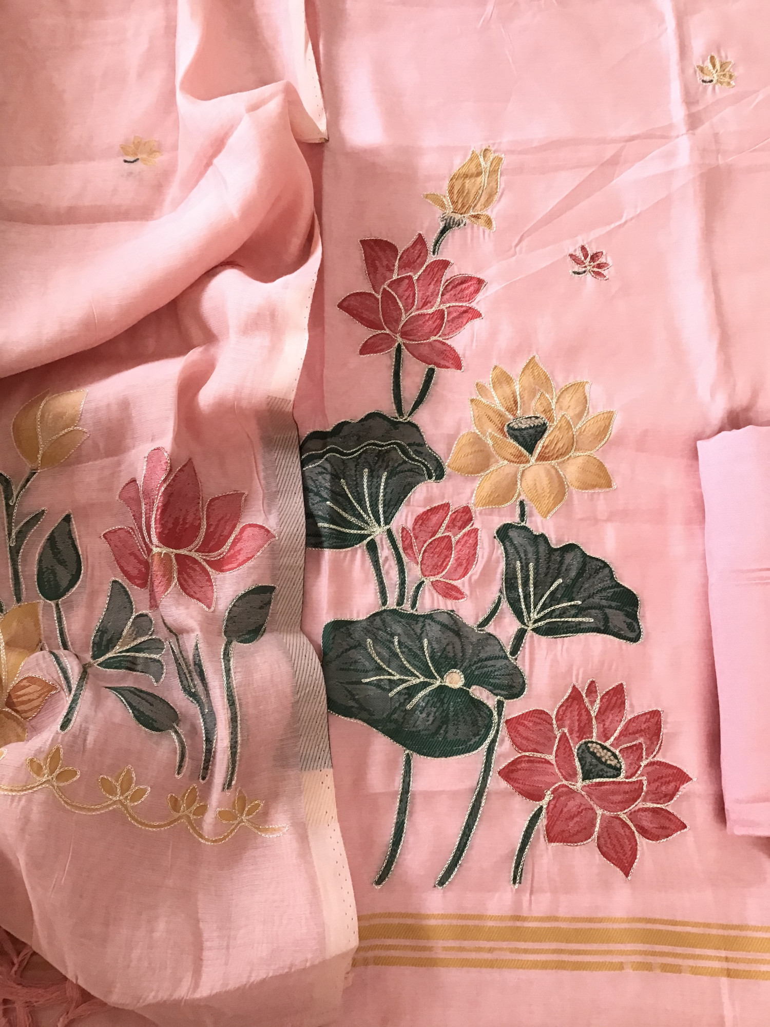 Soft Kora Chanderi Jamdani Weaved Embroidered Suit - Peach