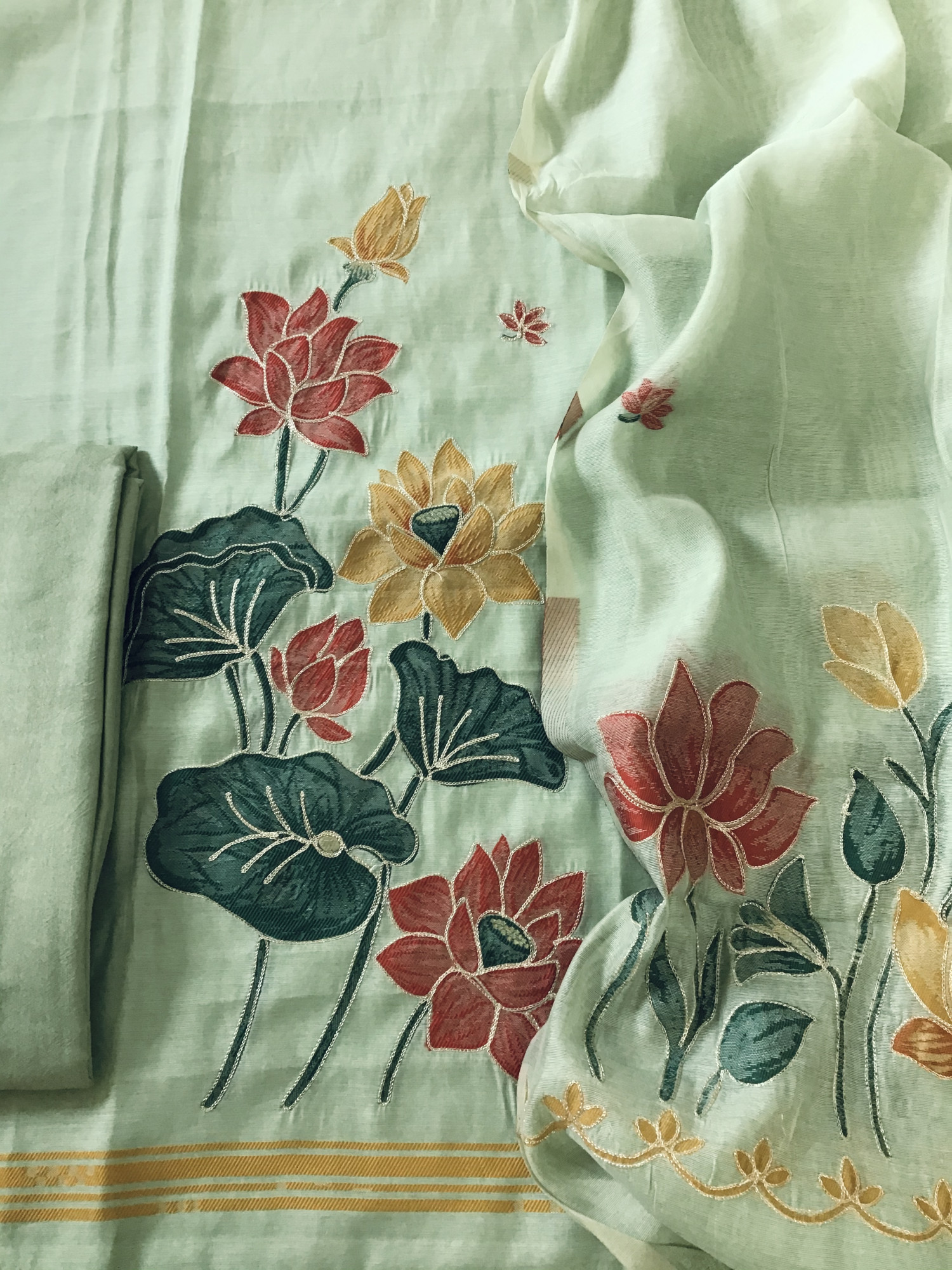 Soft Kora Chanderi Jamdani Weaved Embroidered Suit - Green