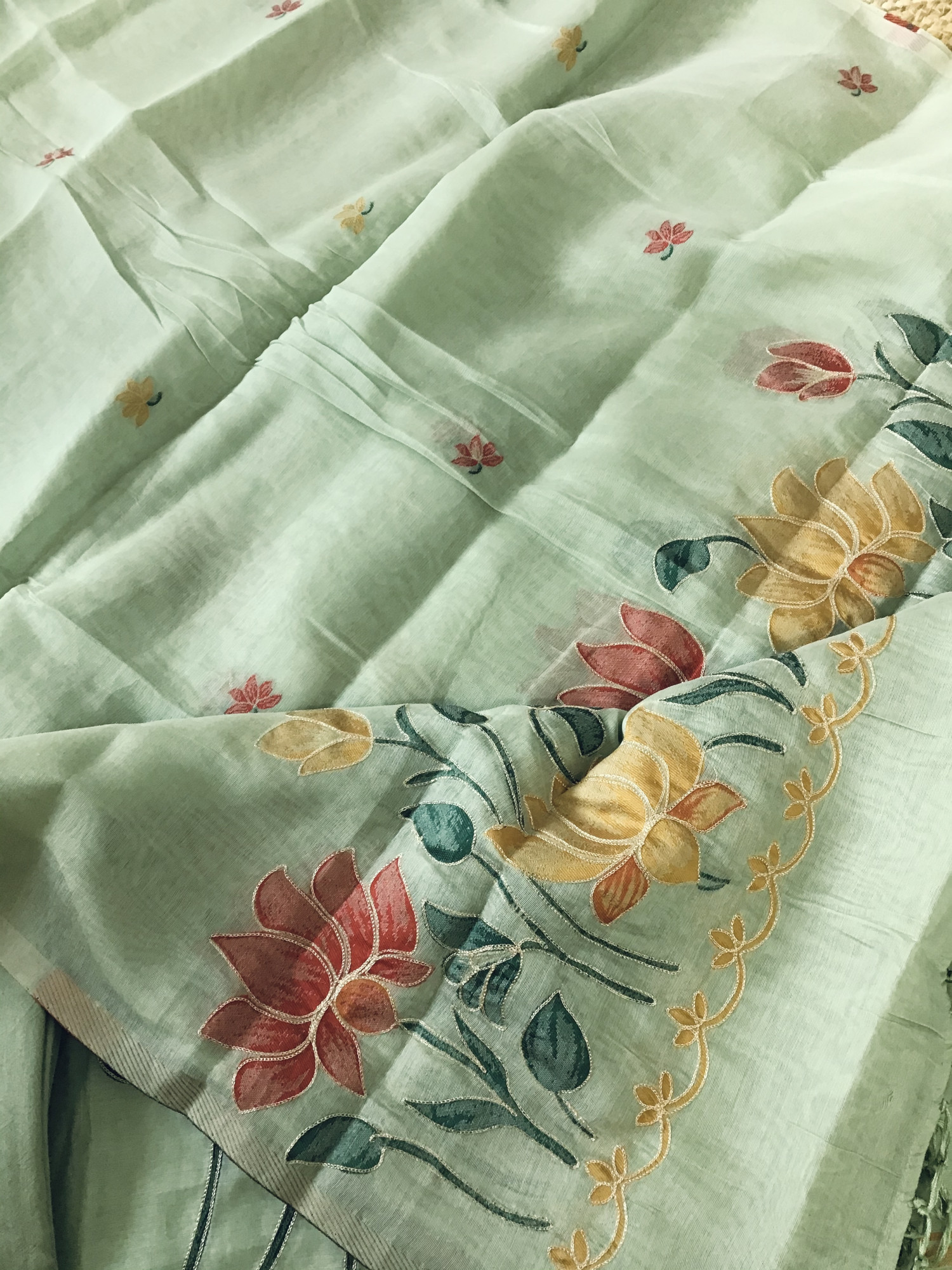 Soft Kora Chanderi Jamdani Weaved Embroidered Suit - Green