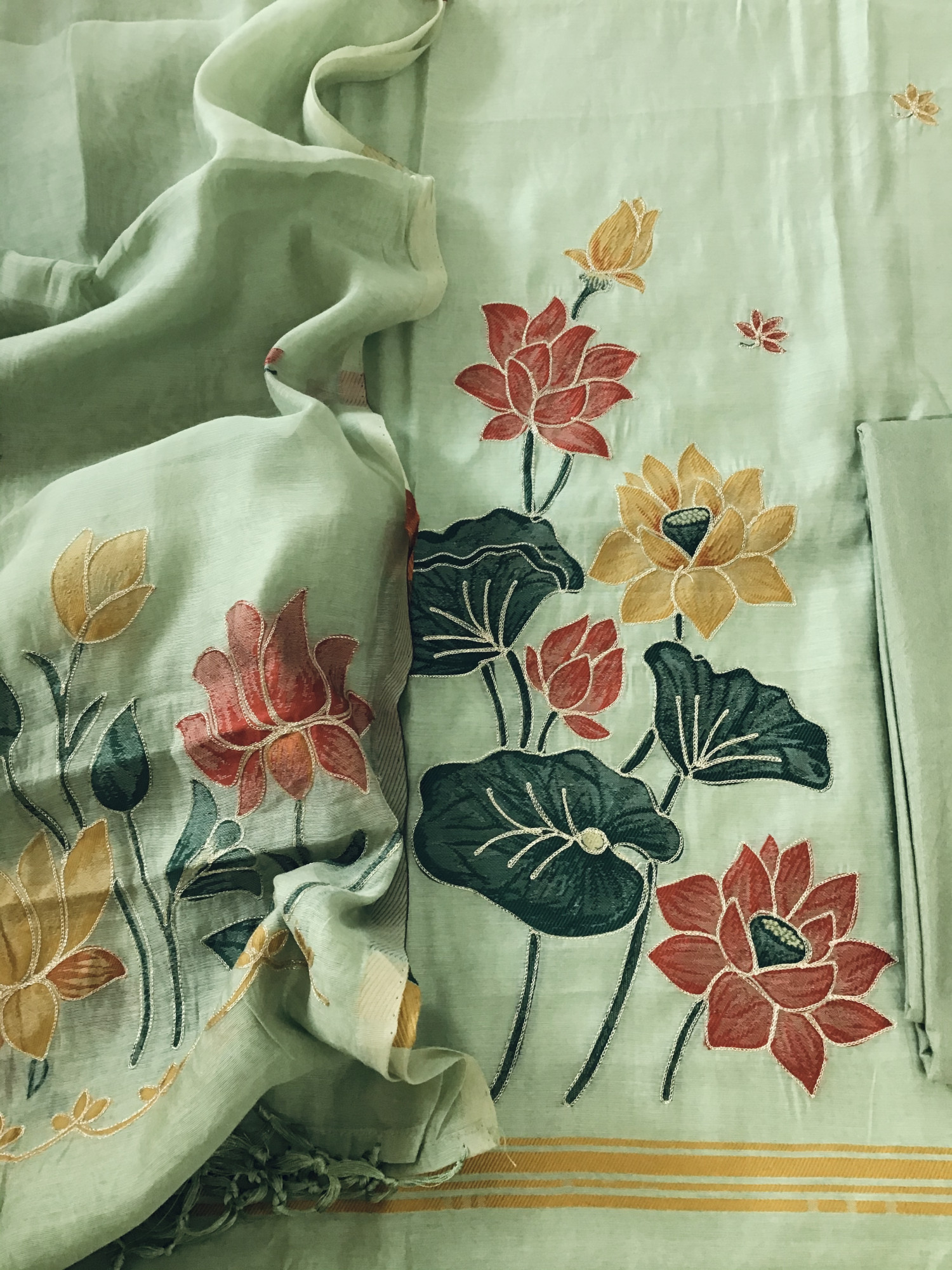 Soft Kora Chanderi Jamdani Weaved Embroidered Suit - Green