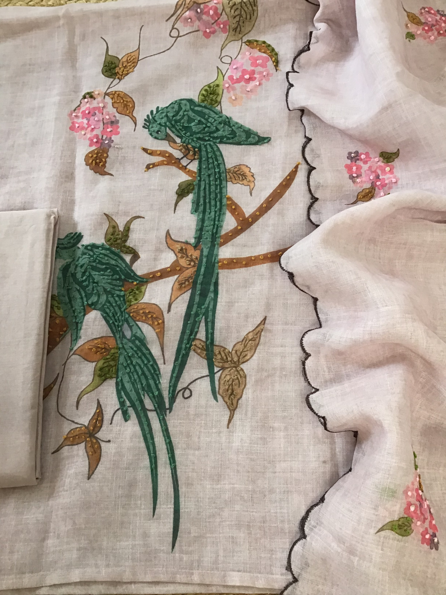 Soft Semi Linen Jute Cotton Printed Embroidered Suit - Pink