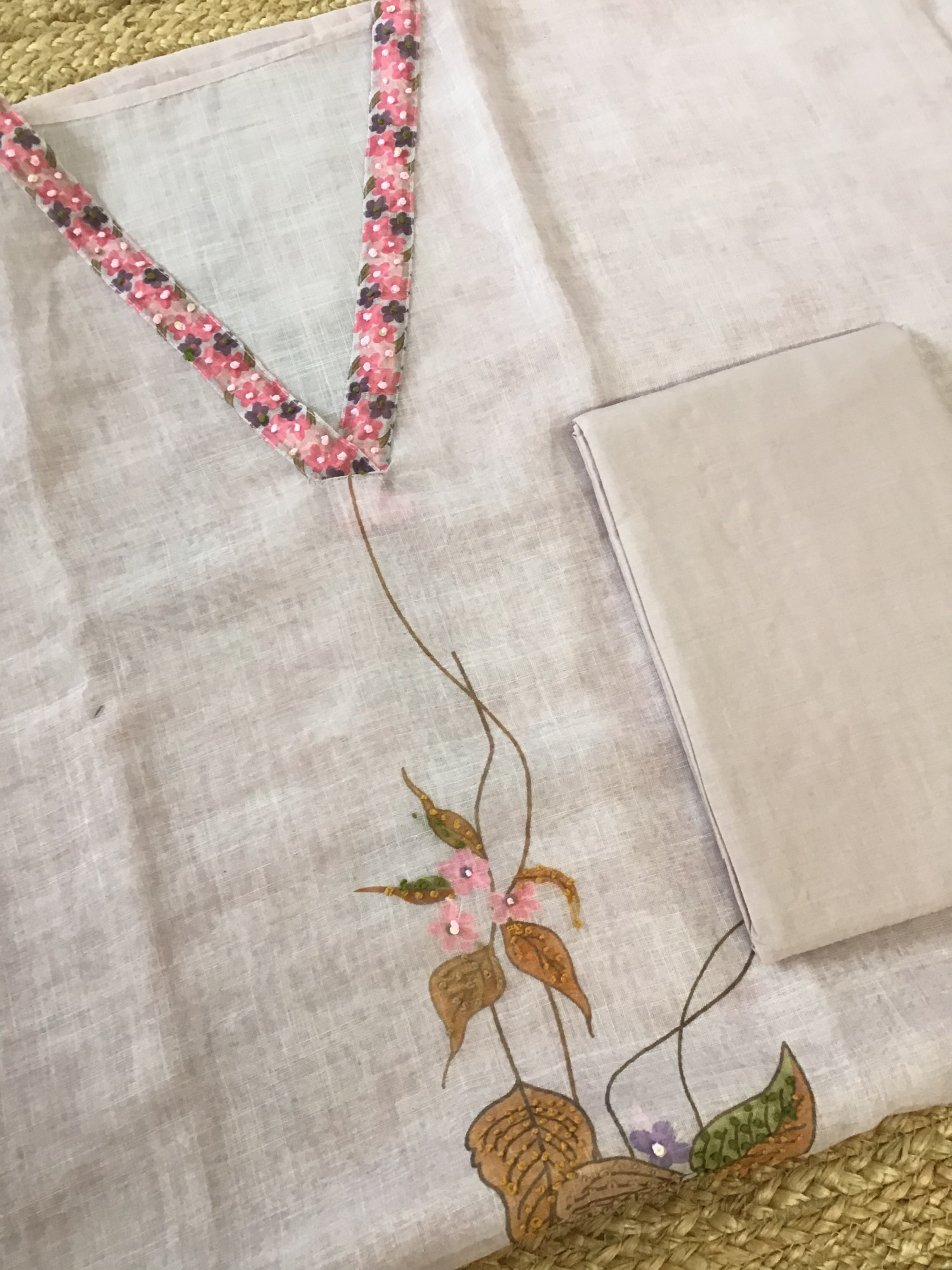 Soft Semi Linen Jute Cotton Printed Embroidered Suit - Pink