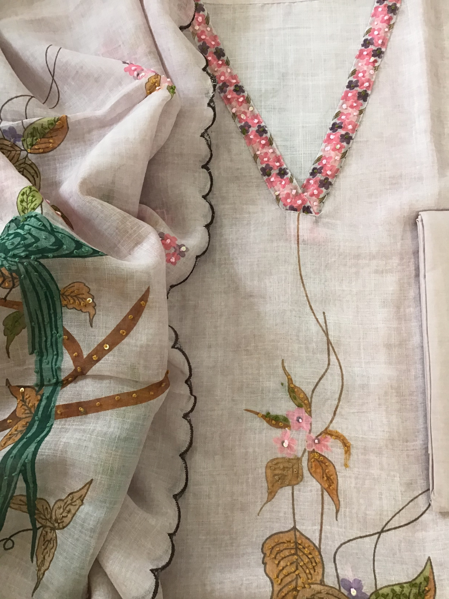 Soft Semi Linen Jute Cotton Printed Embroidered Suit - Pink