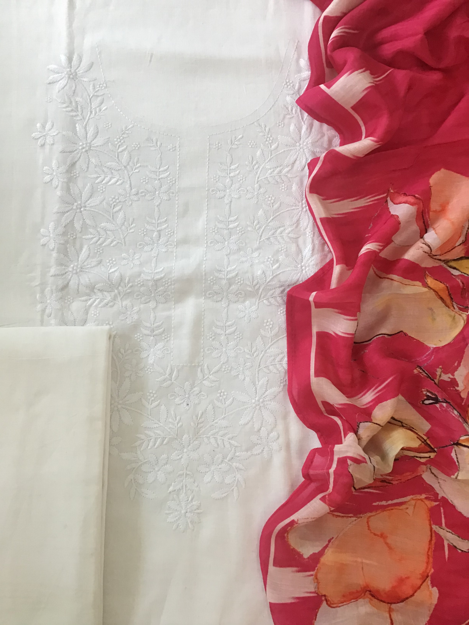 Pure Cotton Embroidered Suit - White