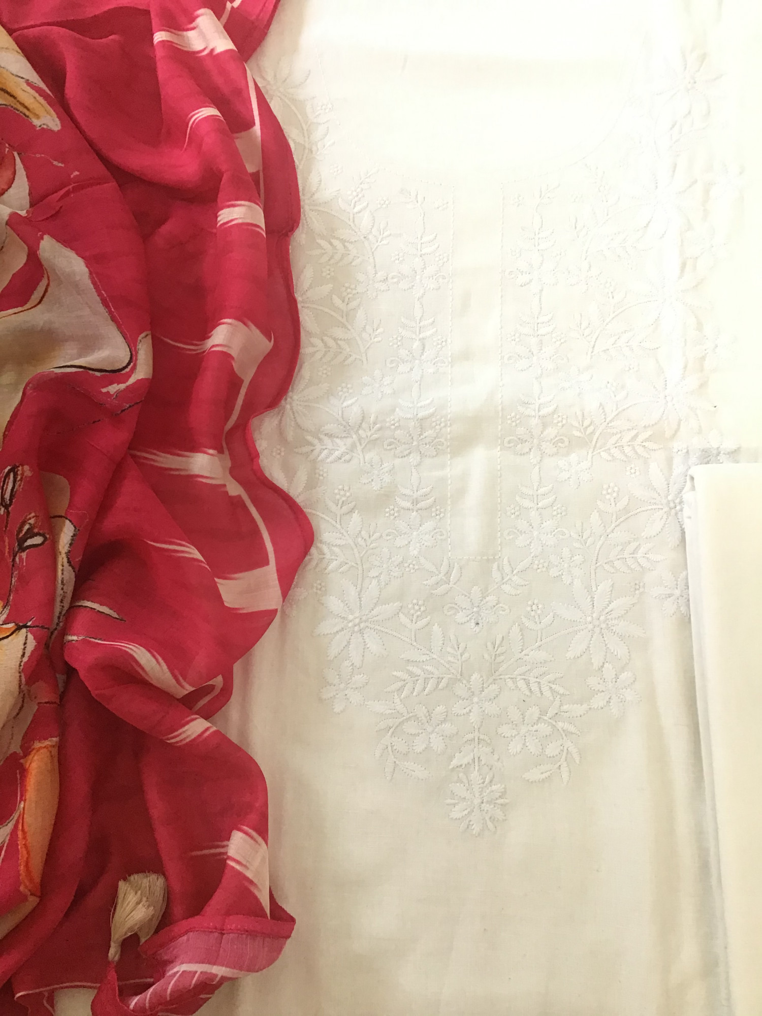 Pure Cotton Embroidered Suit - White