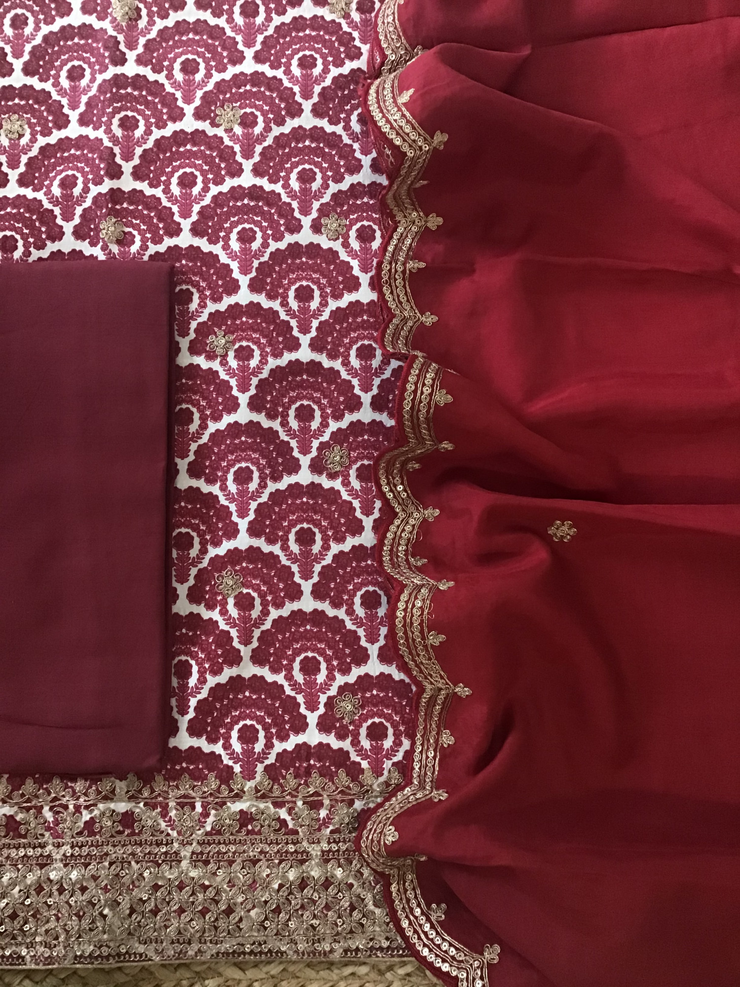 Pure Linen Cotton Silk Printed Embroidered Suit - Maroon