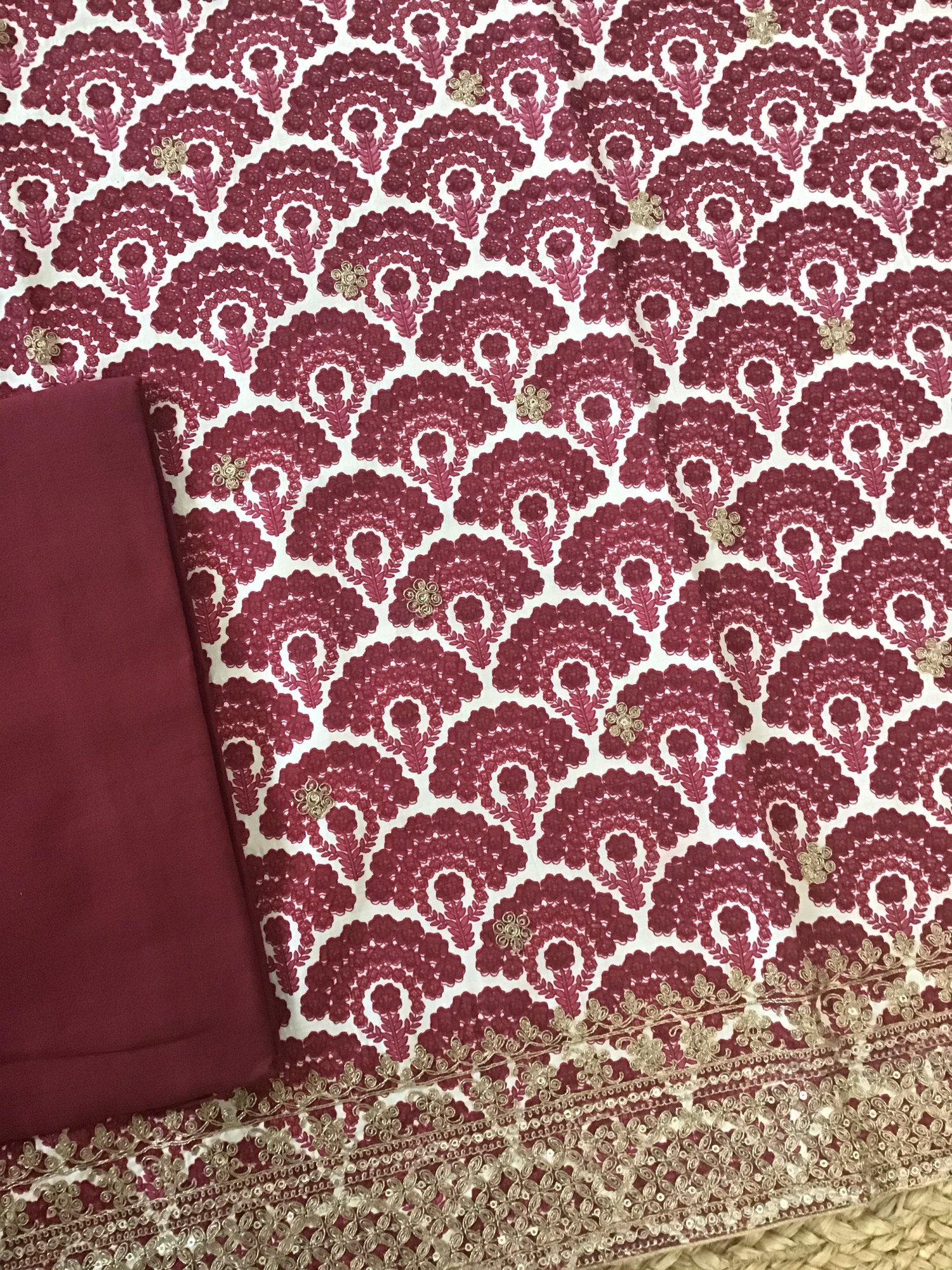 Pure Linen Cotton Silk Printed Embroidered Suit - Maroon