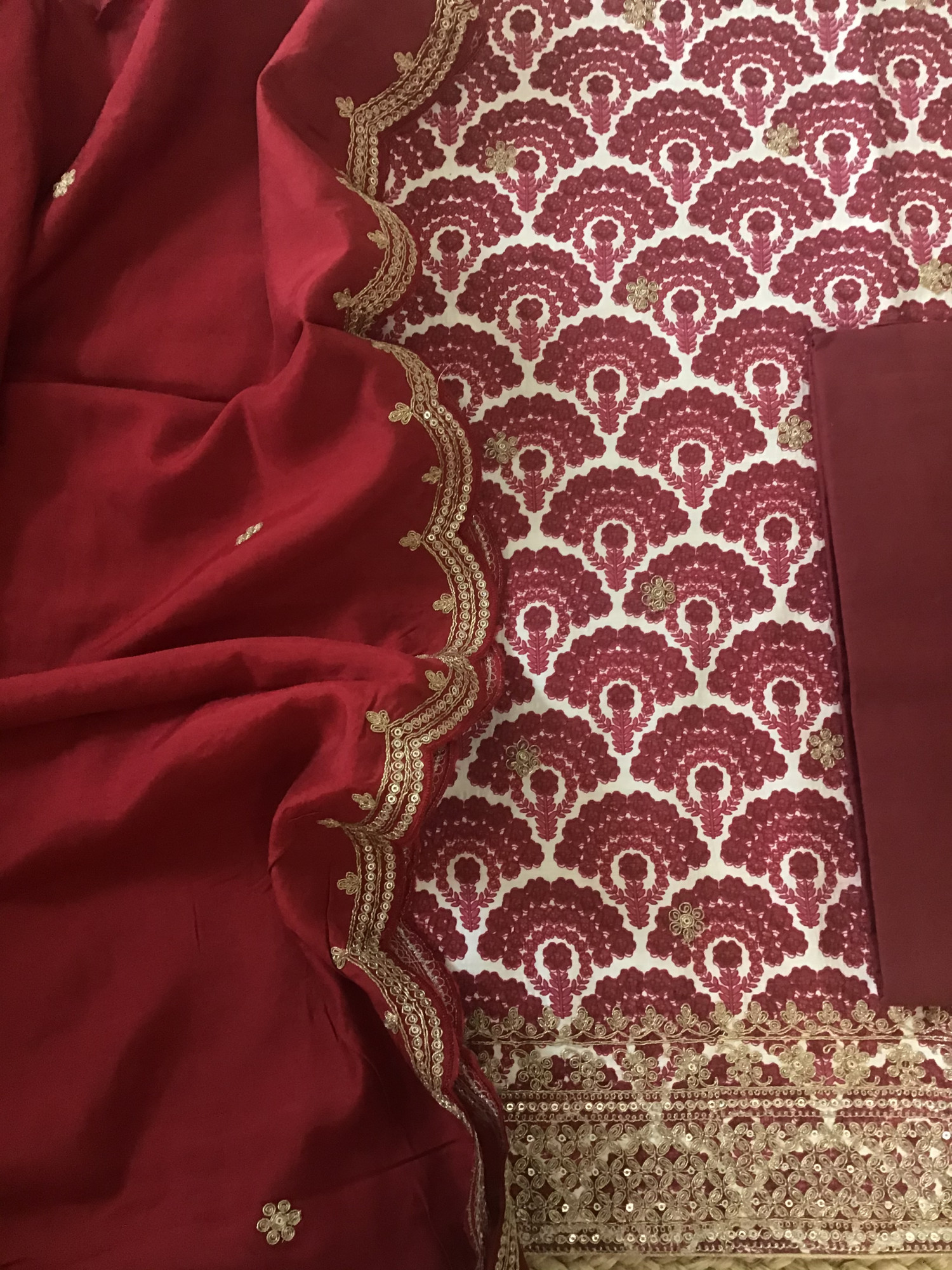Pure Linen Cotton Silk Printed Embroidered Suit - Maroon