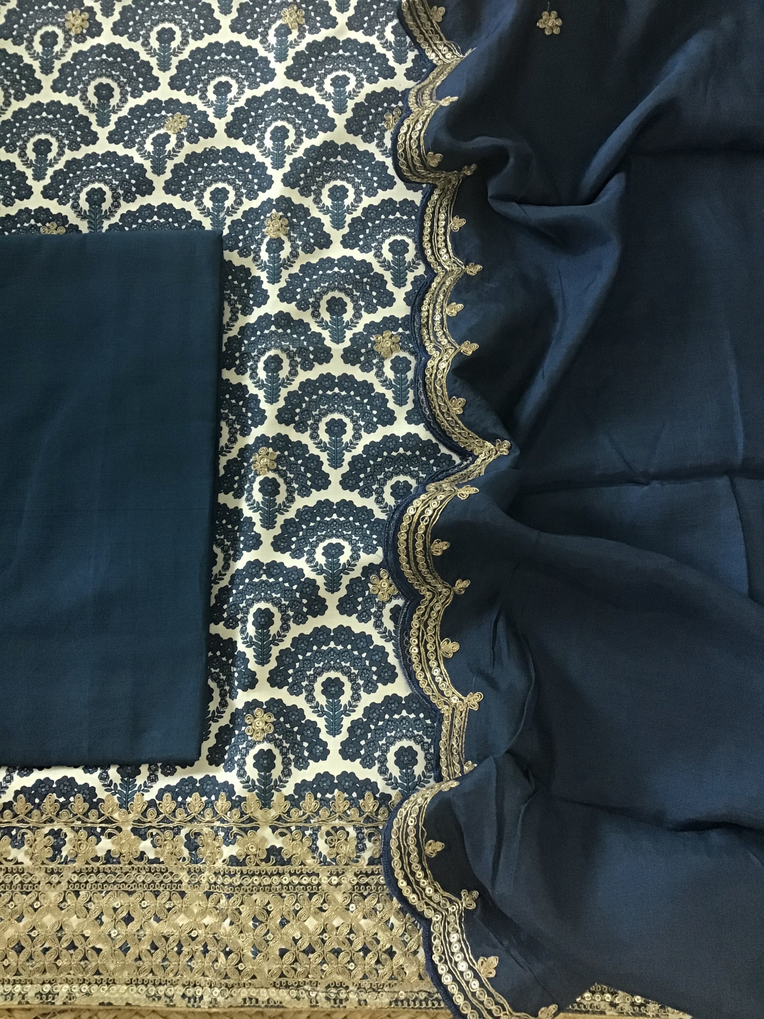 Pure Linen Cotton Silk Printed Embroidered Suit - Blue