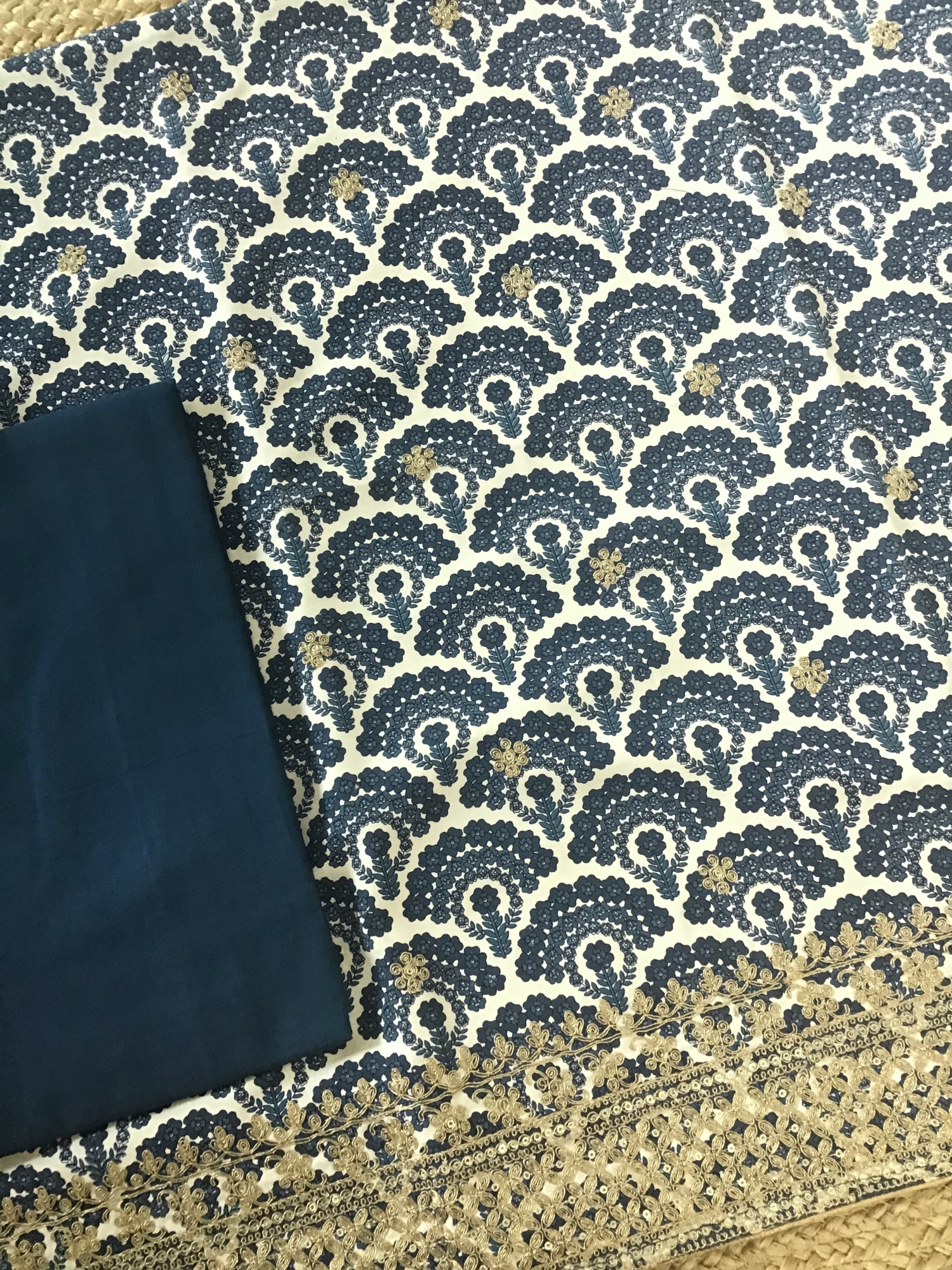 Pure Linen Cotton Silk Printed Embroidered Suit - Blue