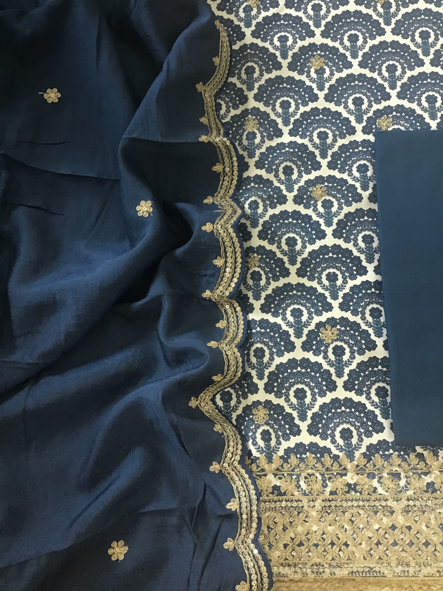 Pure Linen Cotton Silk Printed Embroidered Suit - Blue