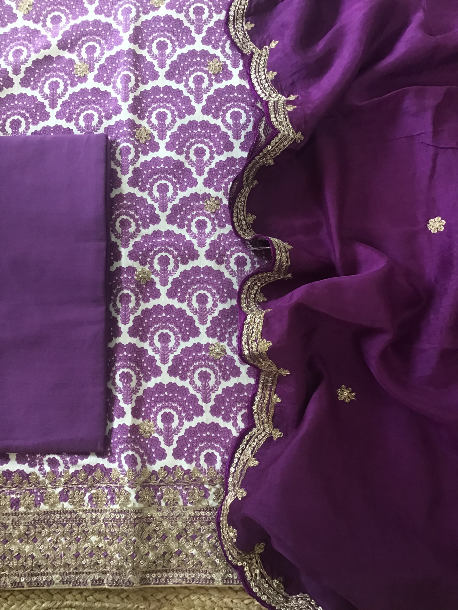 Pure Linen Cotton Silk Printed Embroidered Suit - Purple