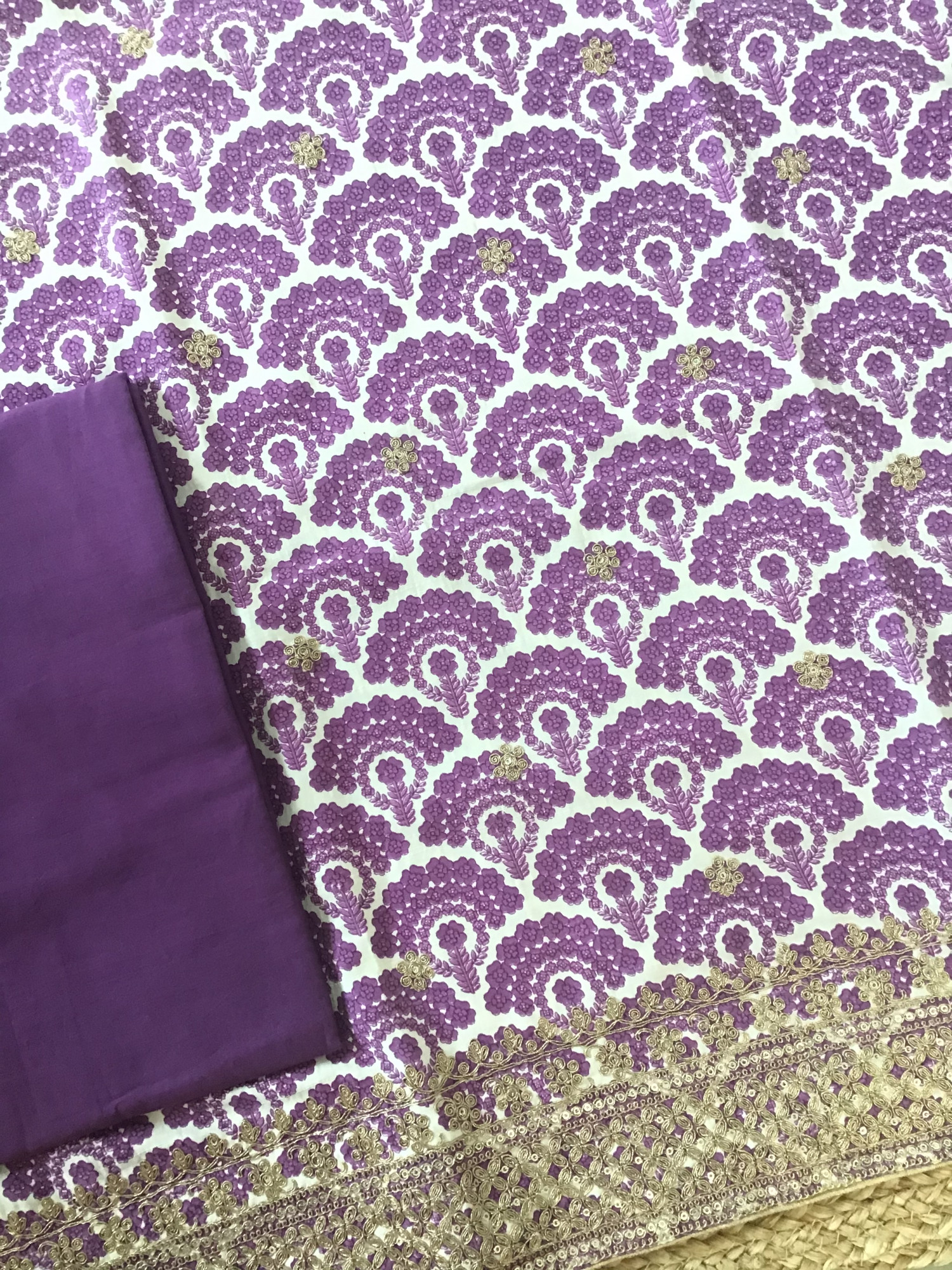 Pure Linen Cotton Silk Printed Embroidered Suit - Purple