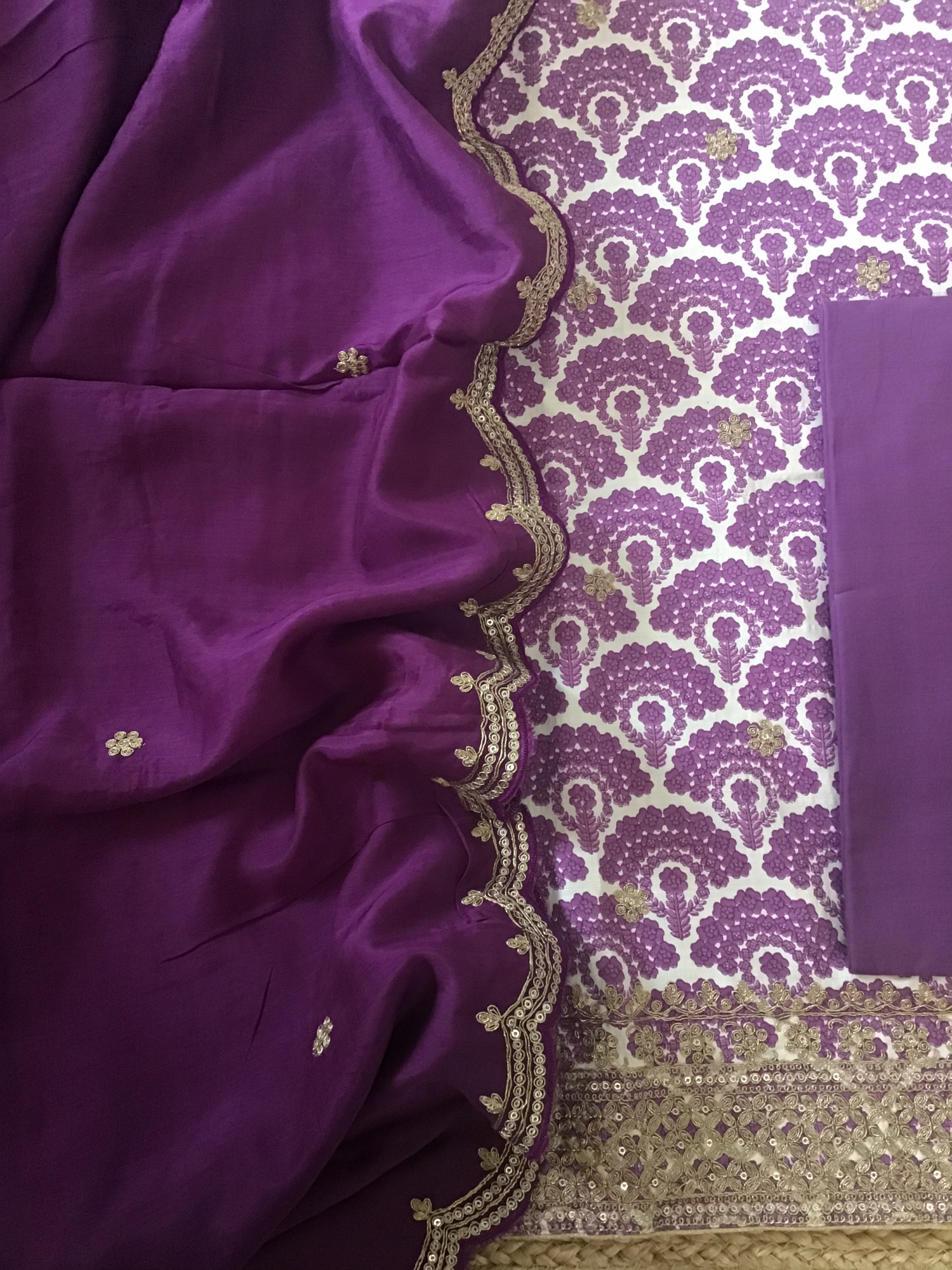 Pure Linen Cotton Silk Printed Embroidered Suit - Purple
