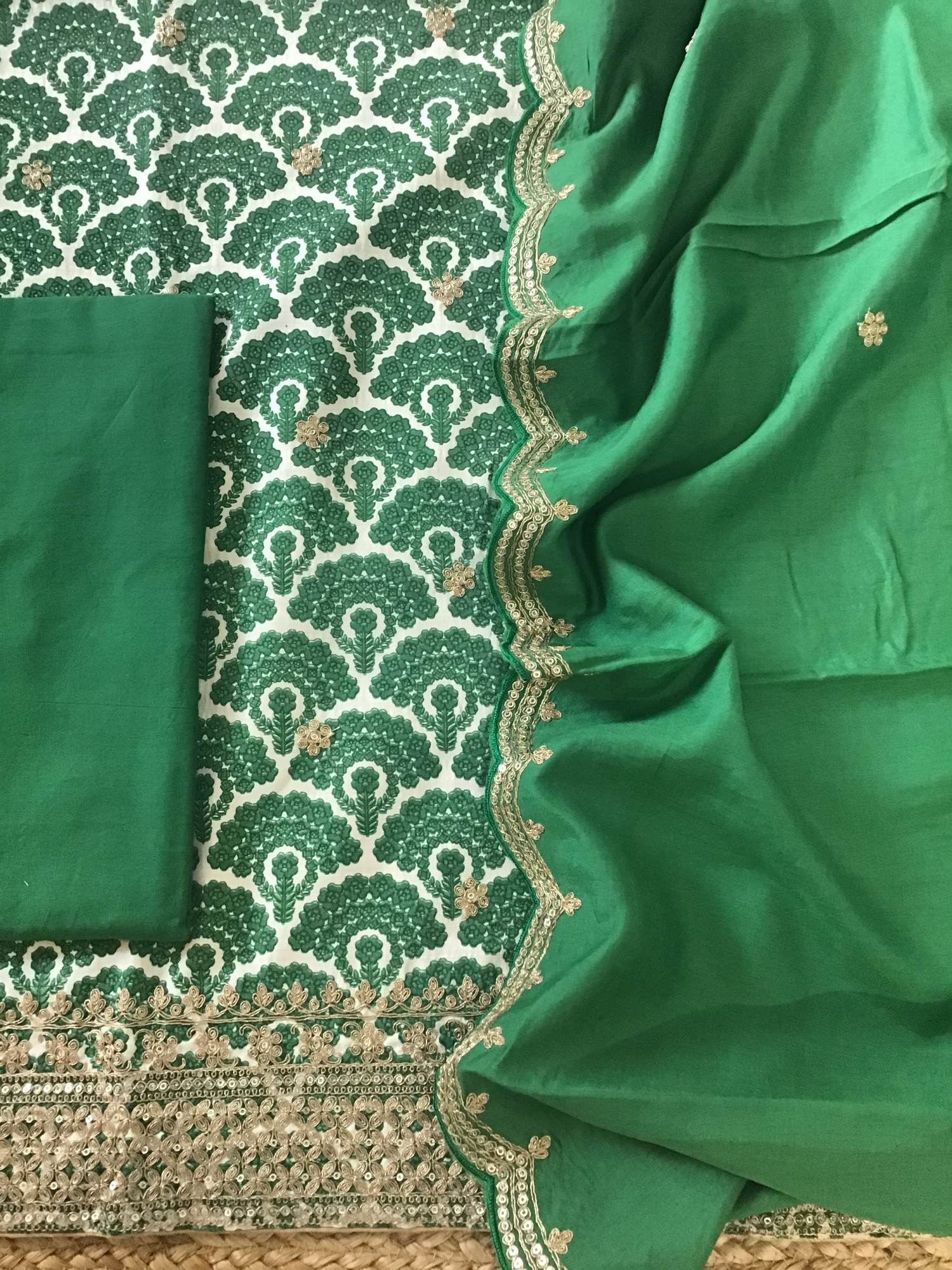 Pure Linen Cotton Silk Printed Embroidered Suit - Green