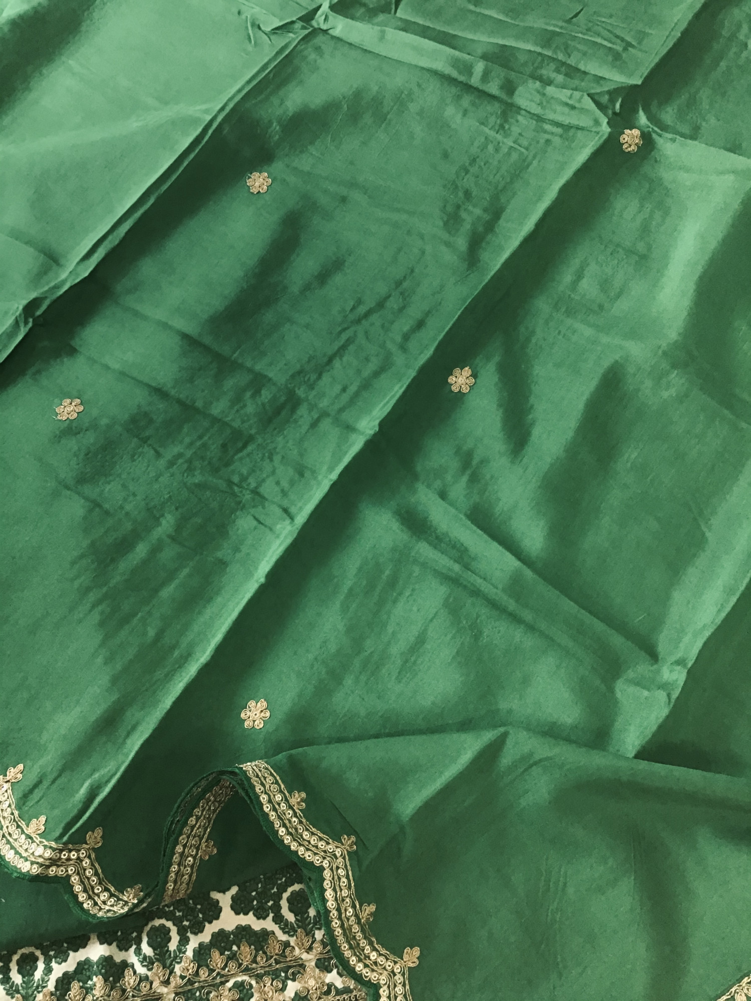 Pure Linen Cotton Silk Printed Embroidered Suit - Green