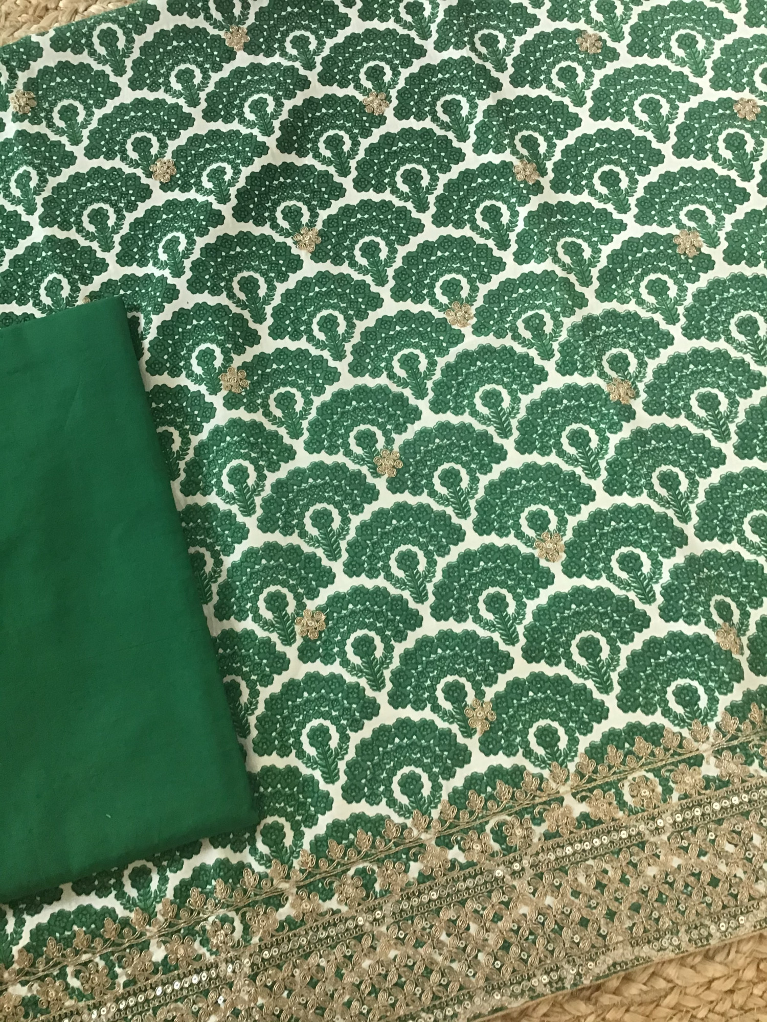 Pure Linen Cotton Silk Printed Embroidered Suit - Green
