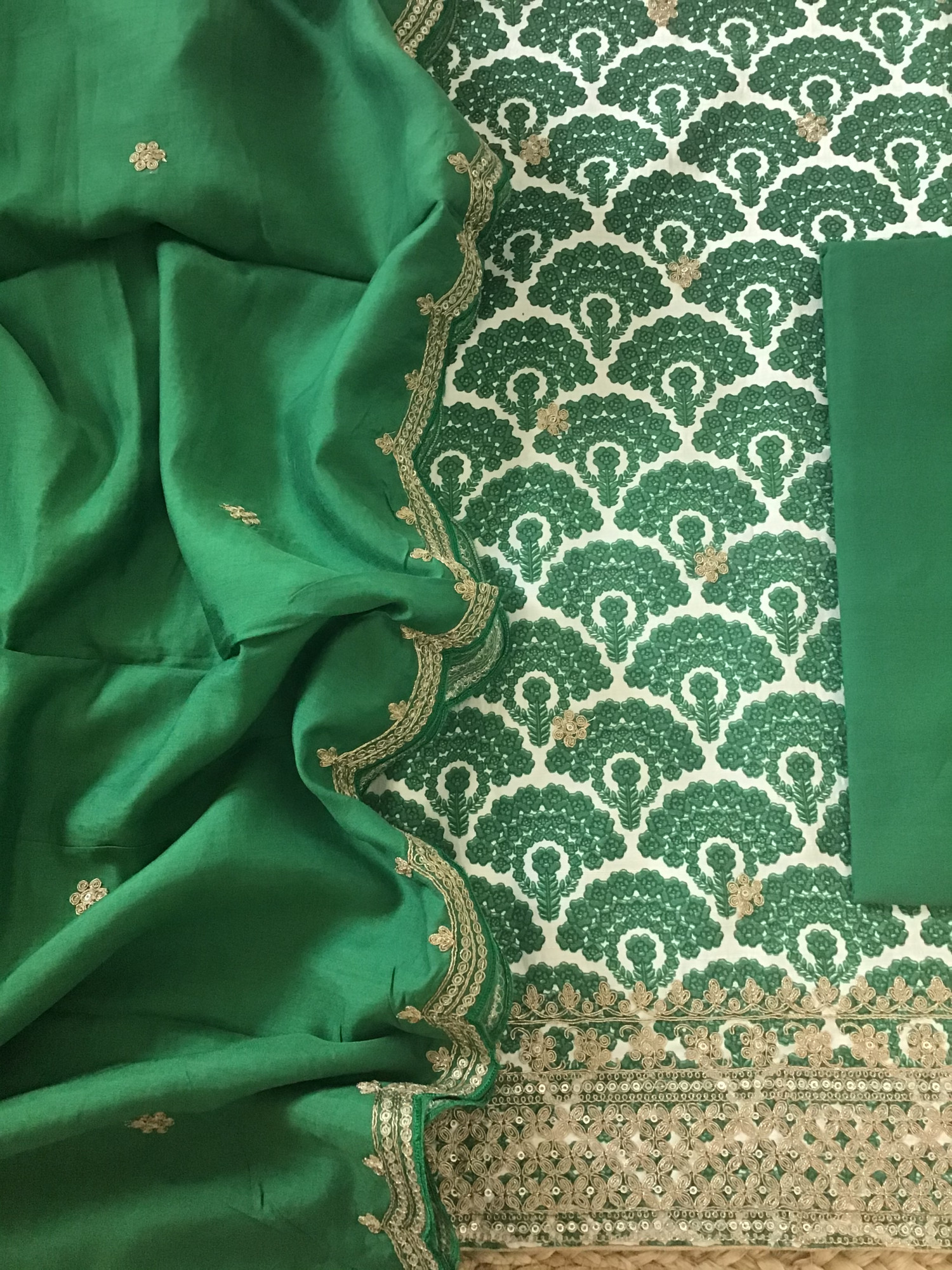 Pure Linen Cotton Silk Printed Embroidered Suit - Green